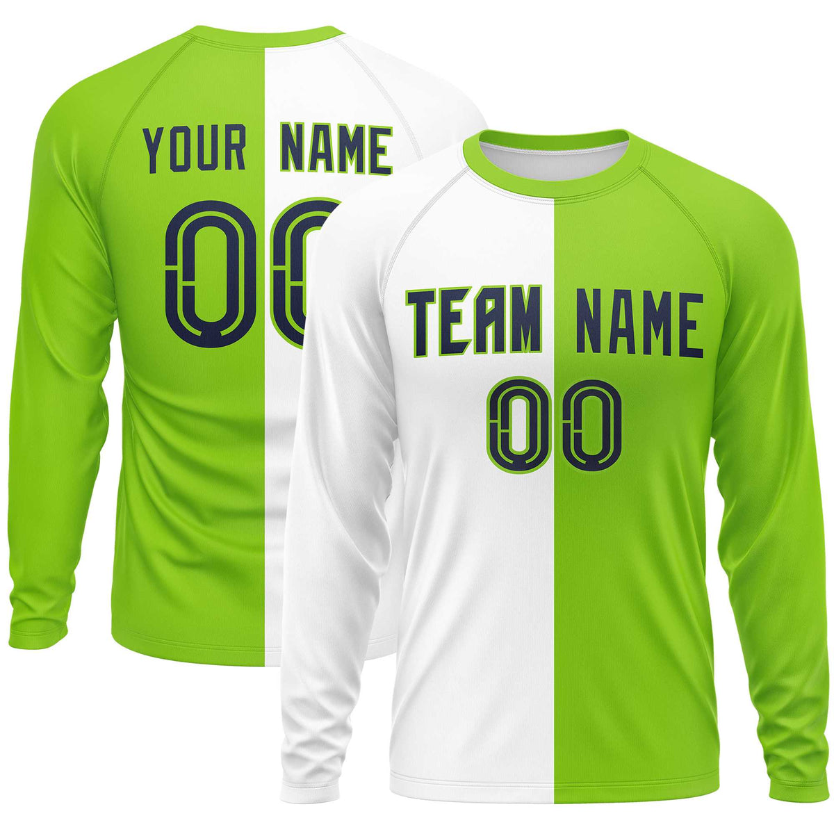 Custom White Neon Green Neck Split Design Long Sleeve Performance T-Shirt