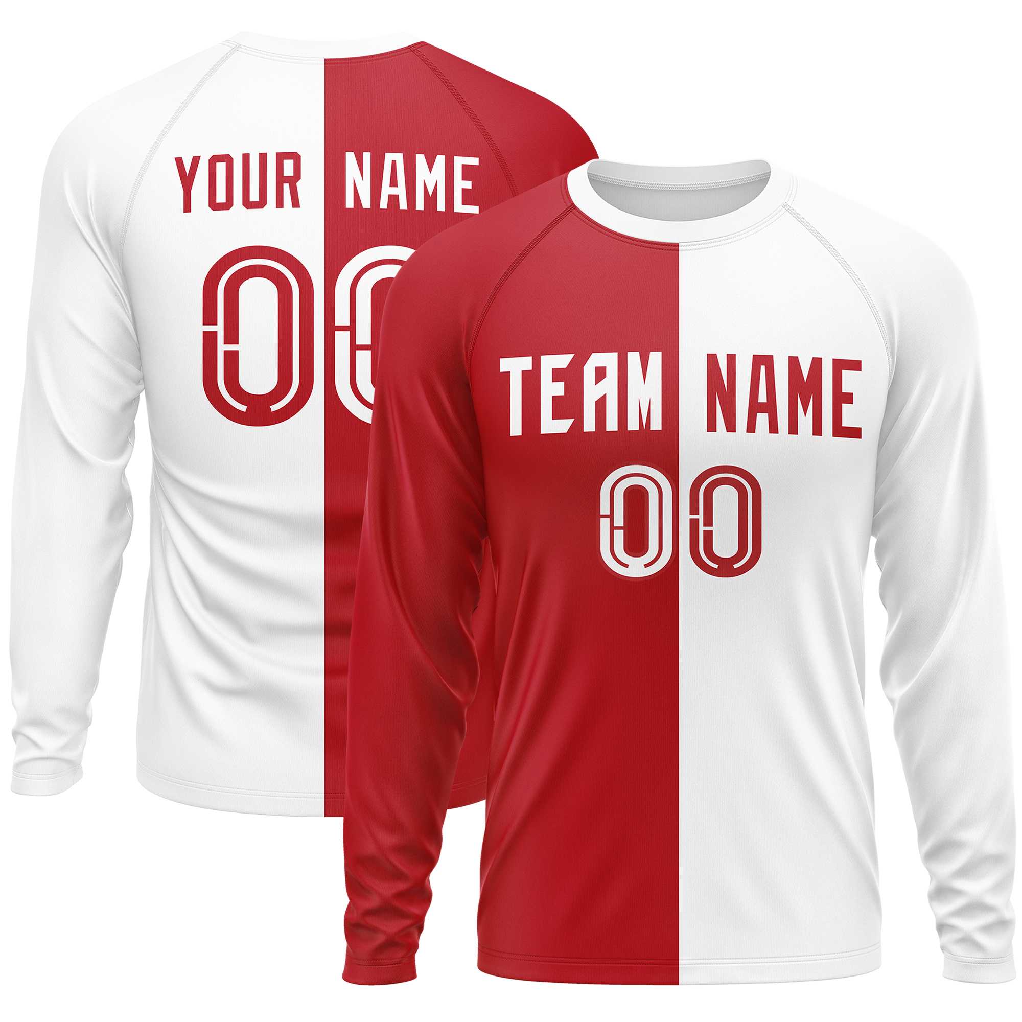 Custom Red White Neck Split Design Long Sleeve Performance T-Shirt