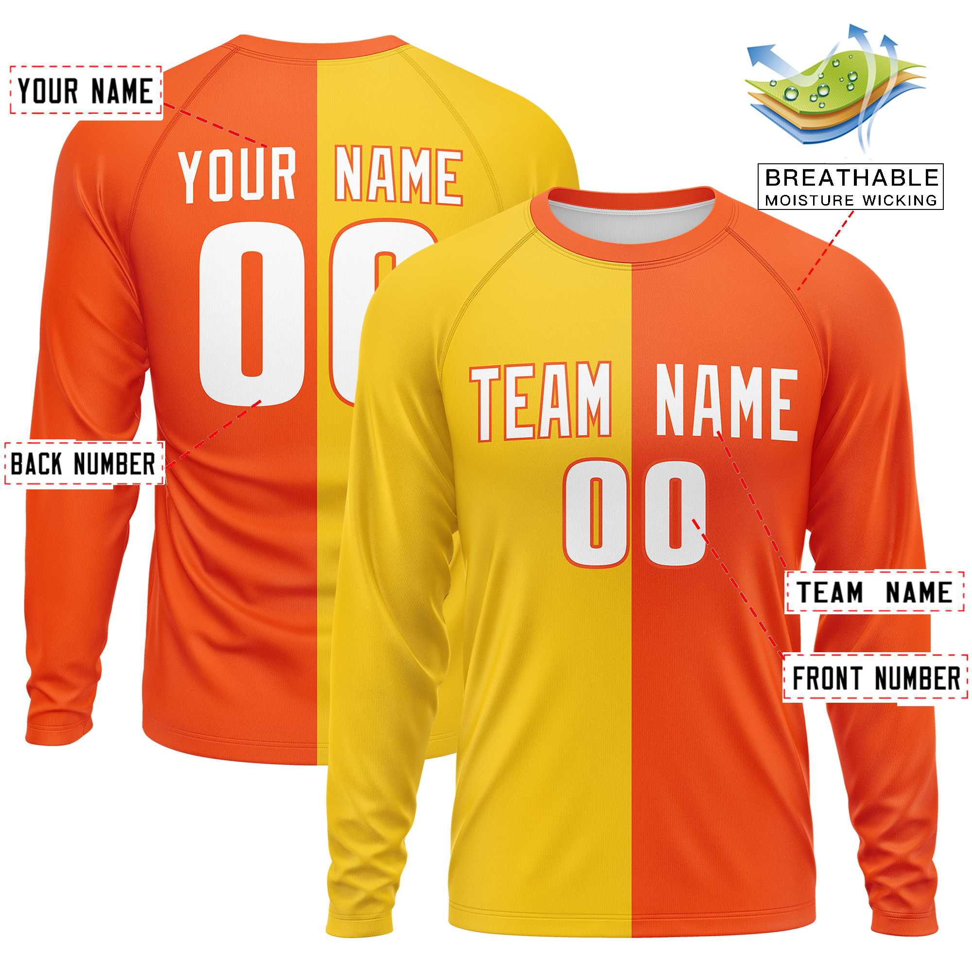 Custom Gold Orange Neck Split Design Long Sleeve Performance T-Shirt