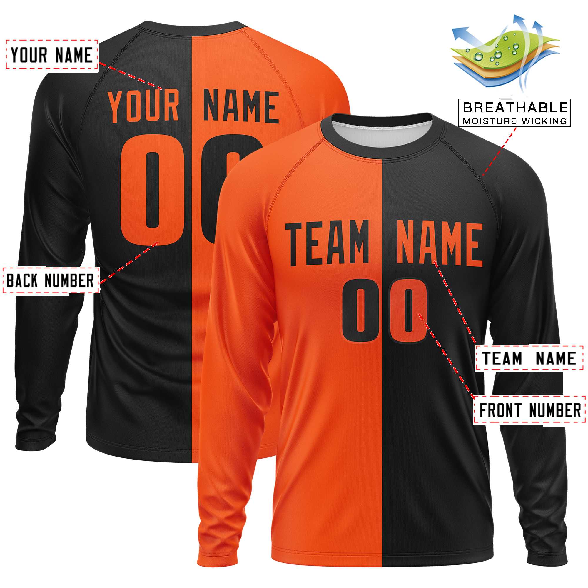 Custom Orange Black Neck Split Design Long Sleeve Performance T-Shirt