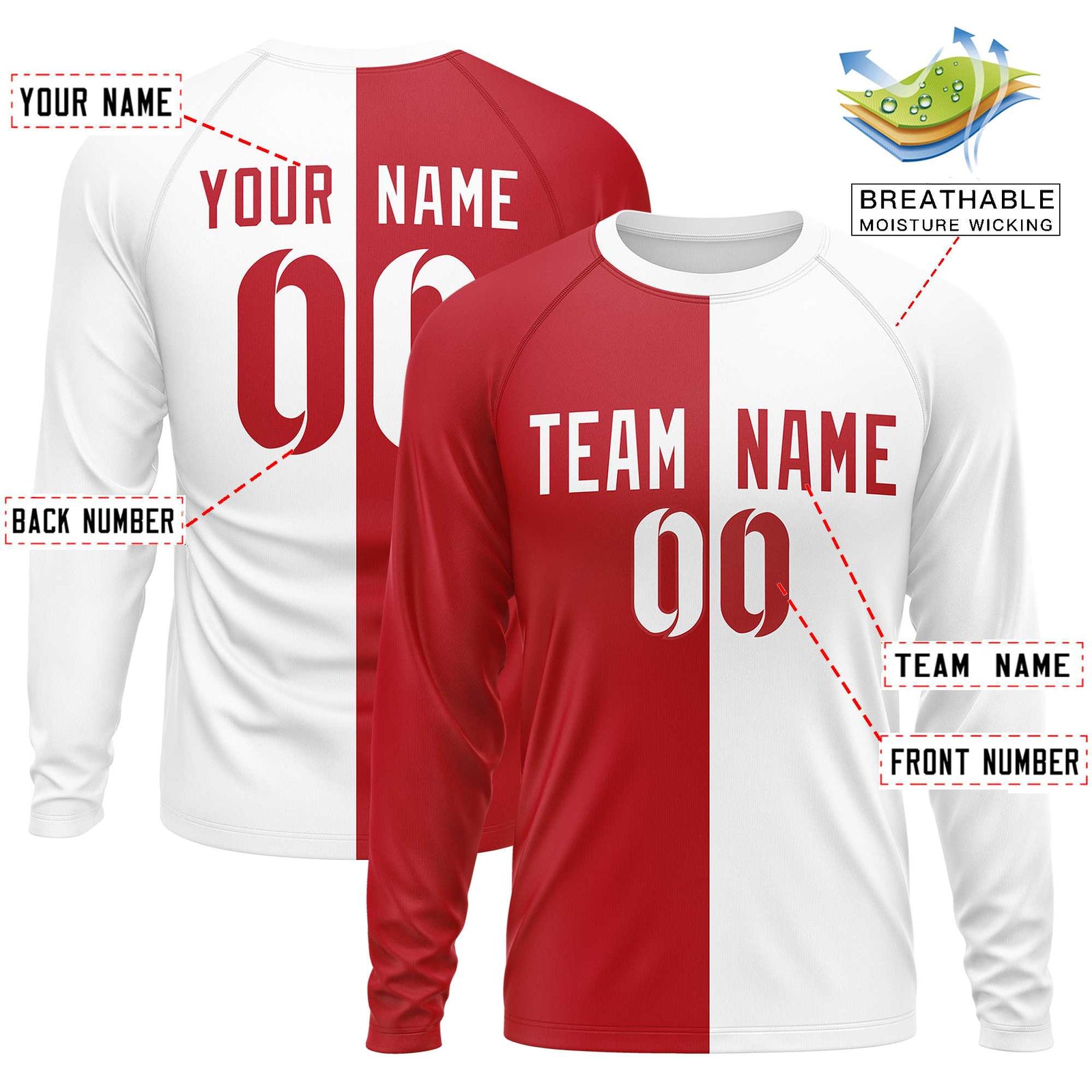 Custom Red White Neck Split Design Long Sleeve Performance T-Shirt