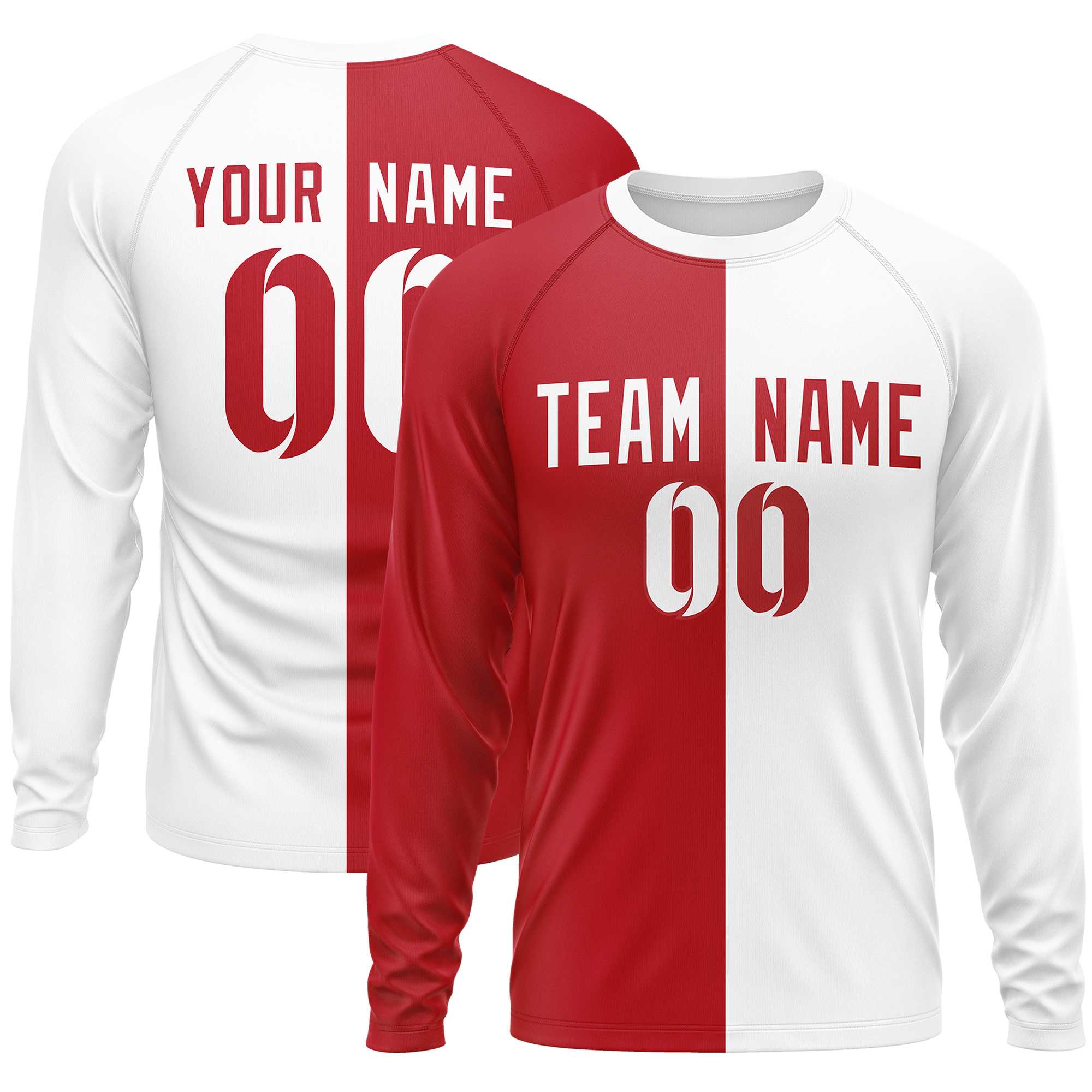 Custom Red White Neck Split Design Long Sleeve Performance T-Shirt