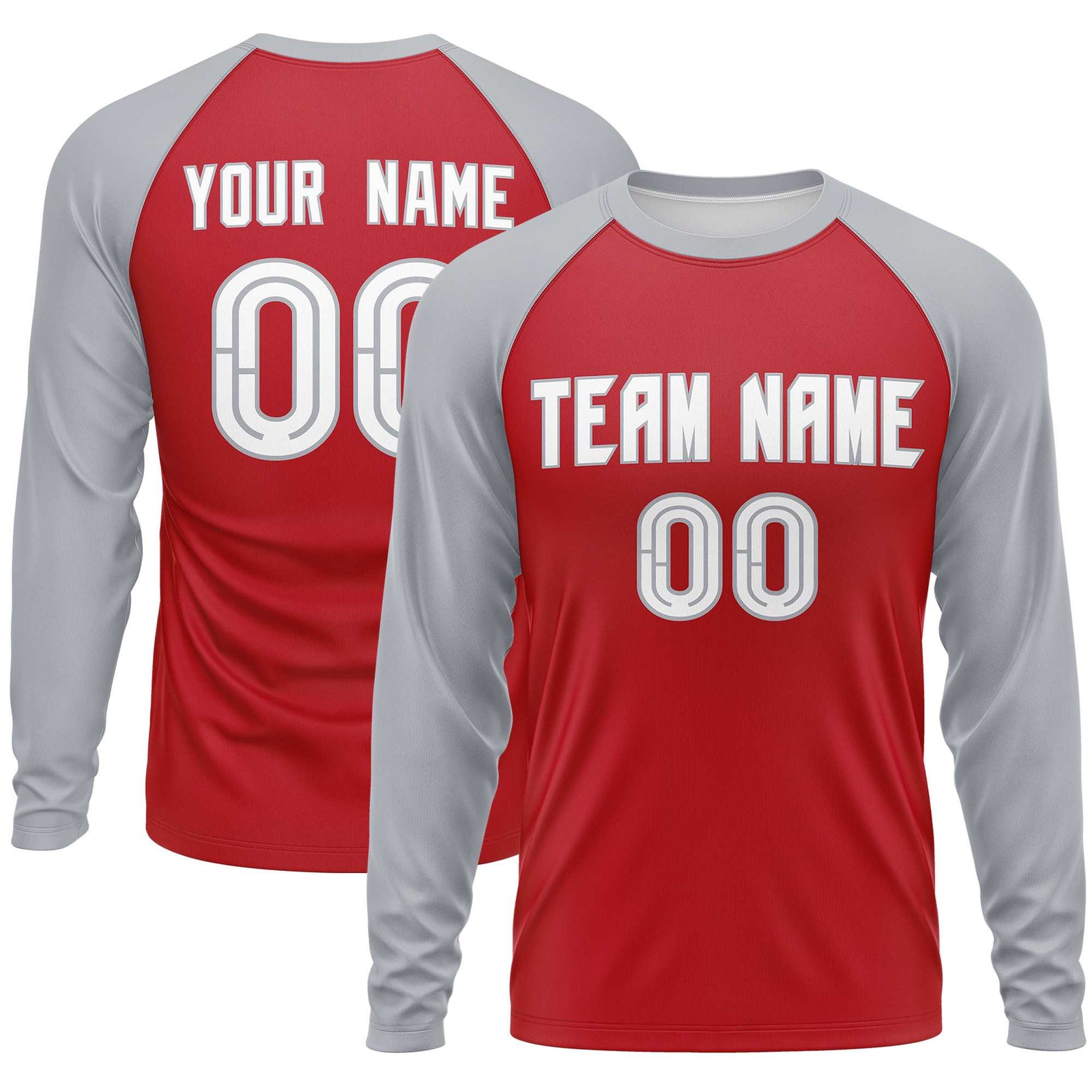 Custom Red Gray Crew Neck Split Design Long Sleeve Performance T-Shirt