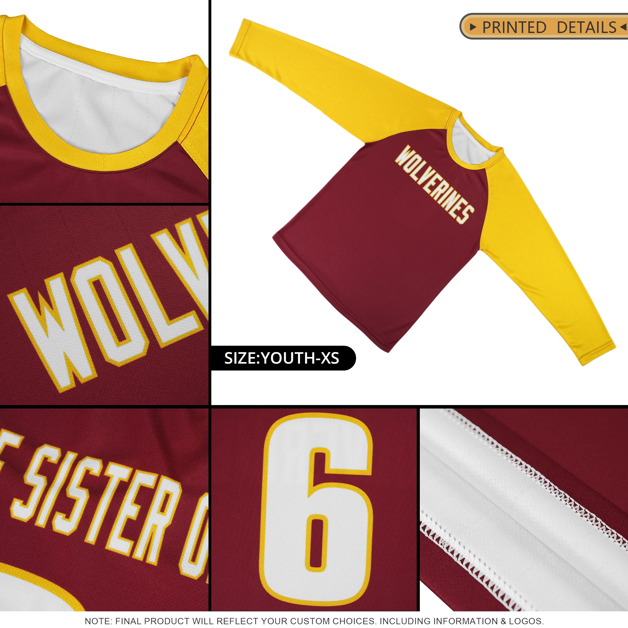 Custom Crimson Gold Crew Neck Raglan Long Sleeve Performance T-Shirt