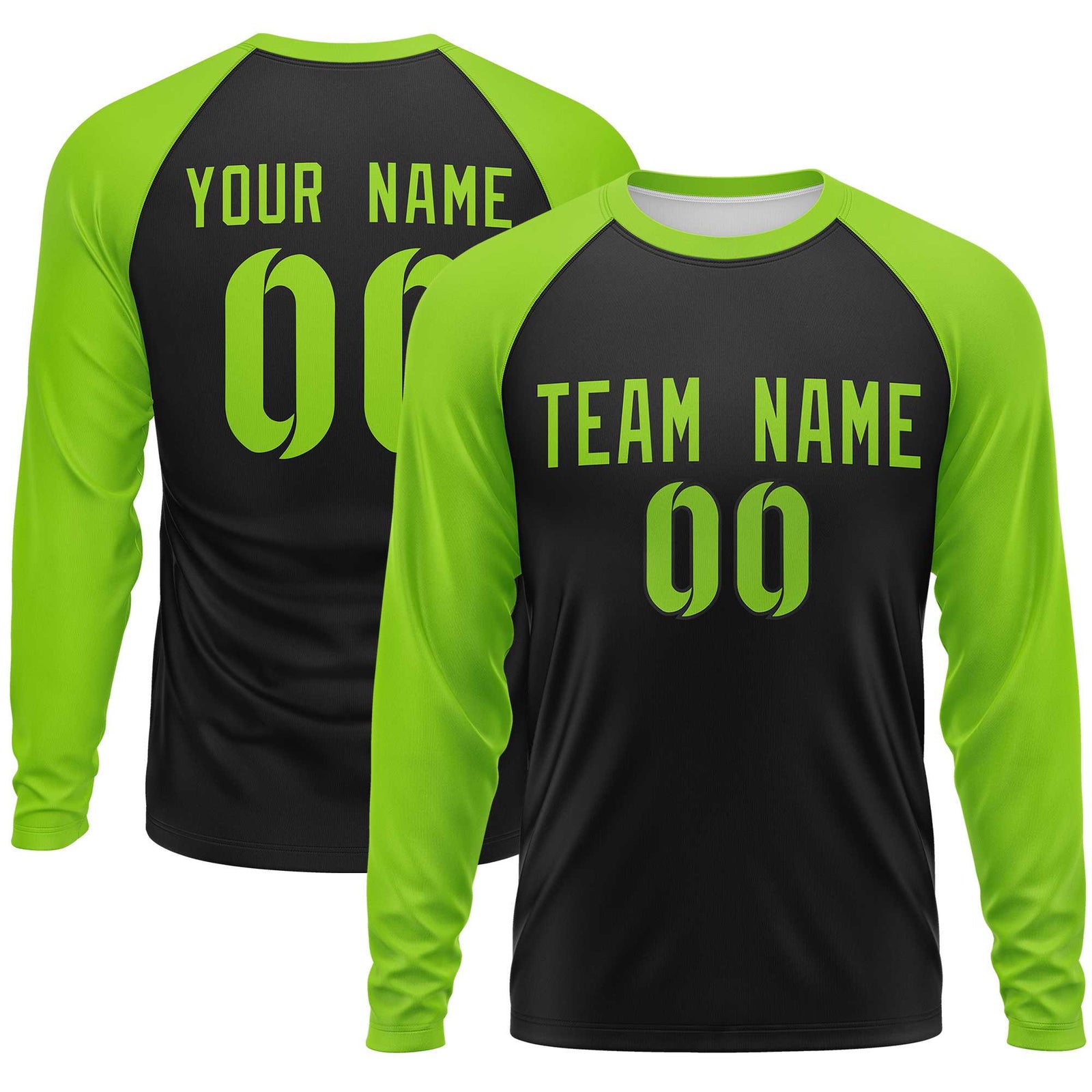 Custom Black Neon Green Crew Neck Split Design Long Sleeve Performance T-Shirt