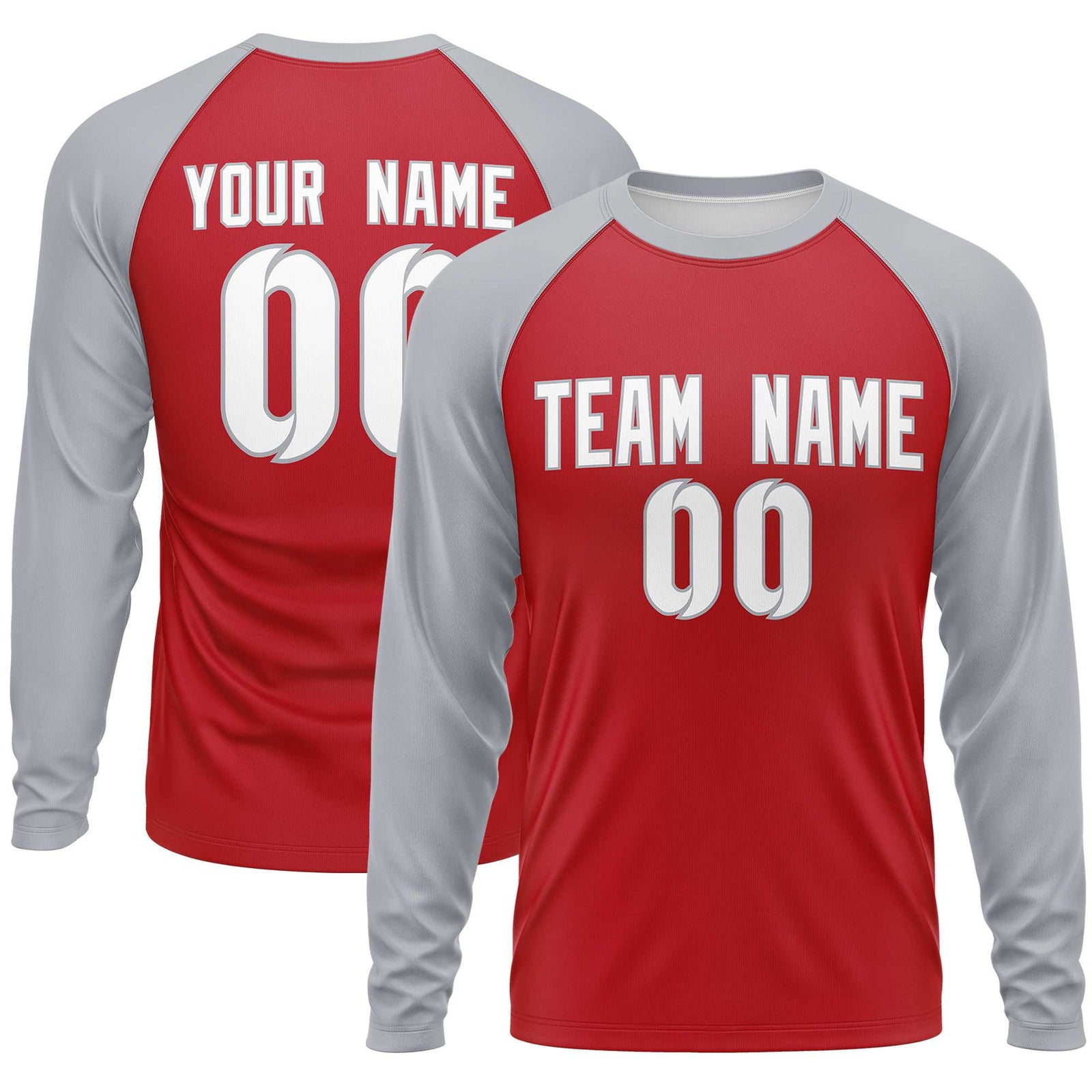 Custom Red Gray Crew Neck Split Design Long Sleeve Performance T-Shirt