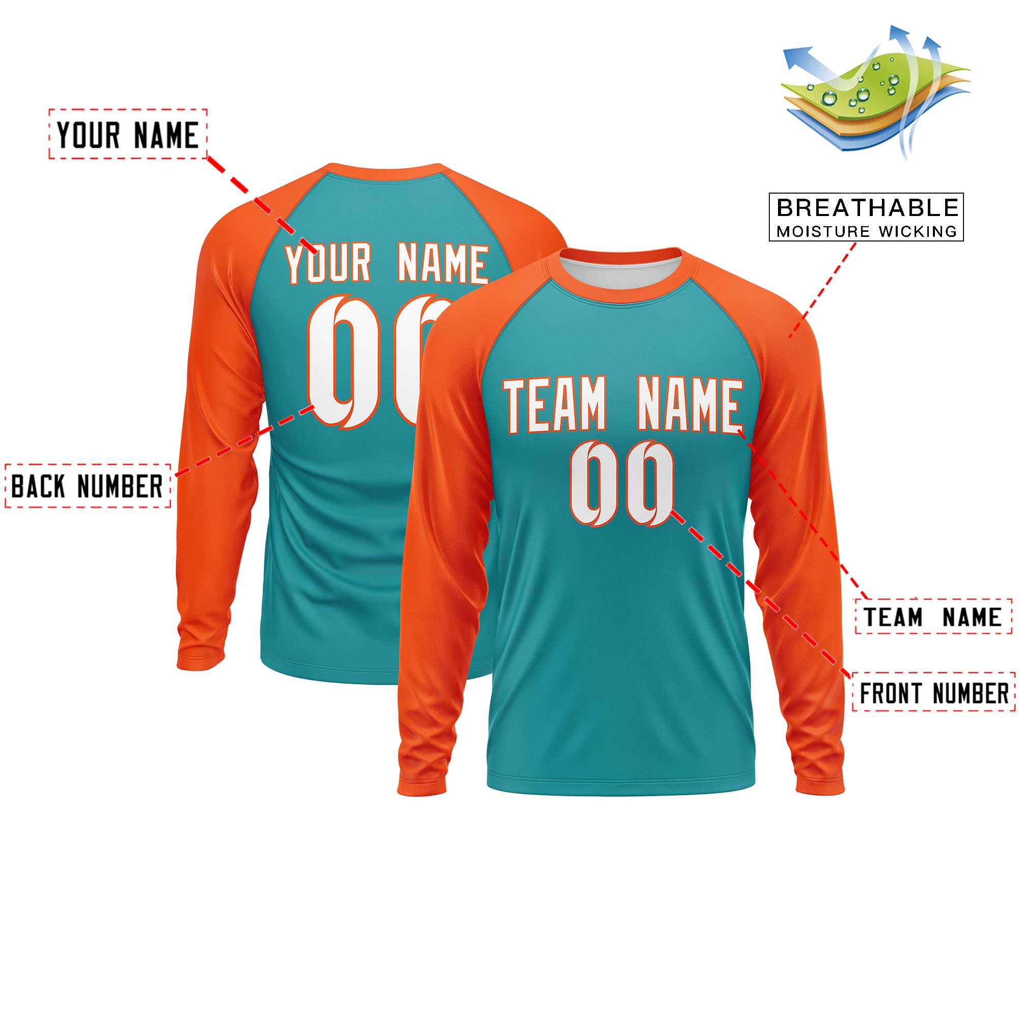 Custom Aqua Orange Crew Neck Split Design Long Sleeve Performance T-Shirt