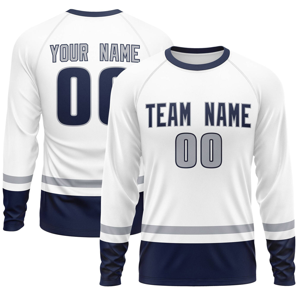 Custom White Gray-Navy Color Block Design Long Sleeve Performance T-Shirt
