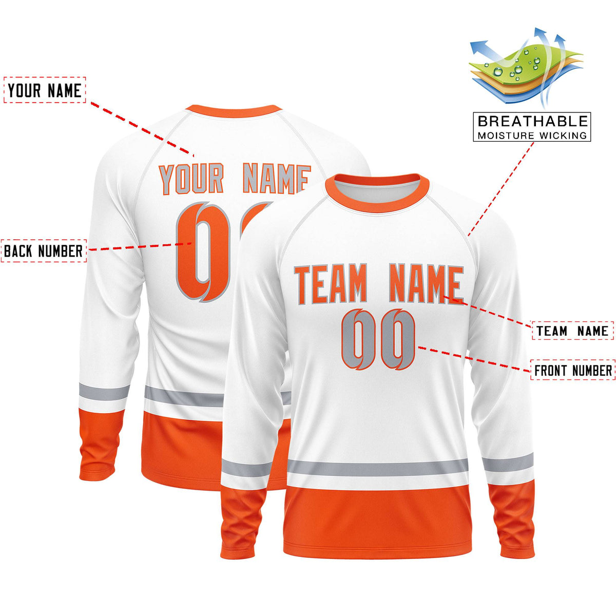 Custom White Gray-Orange Color Block Design Long Sleeve Performance T-Shirt