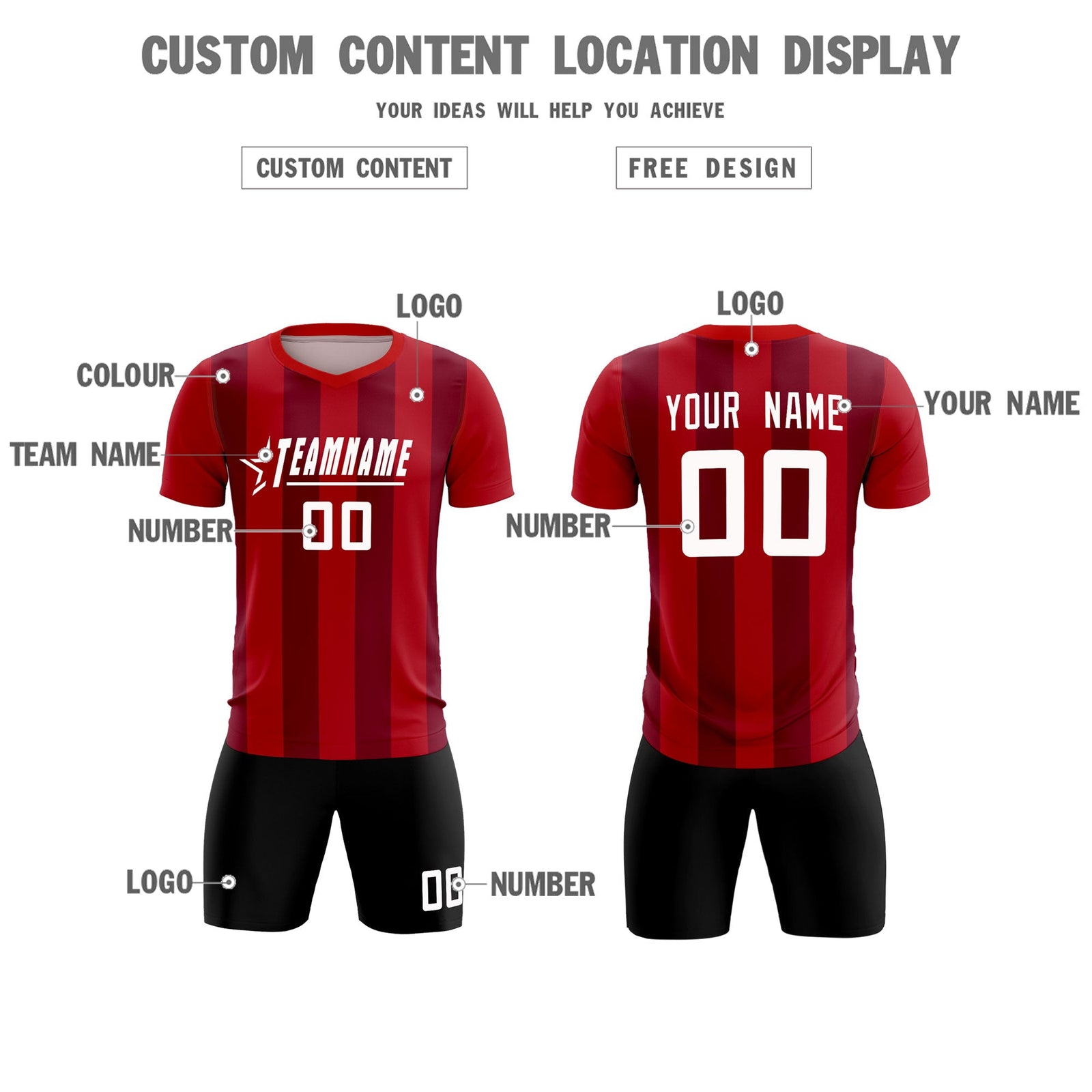 Custom Red Crimson Vertical Stripes Casual Outdoor Soccer Sets Jersey