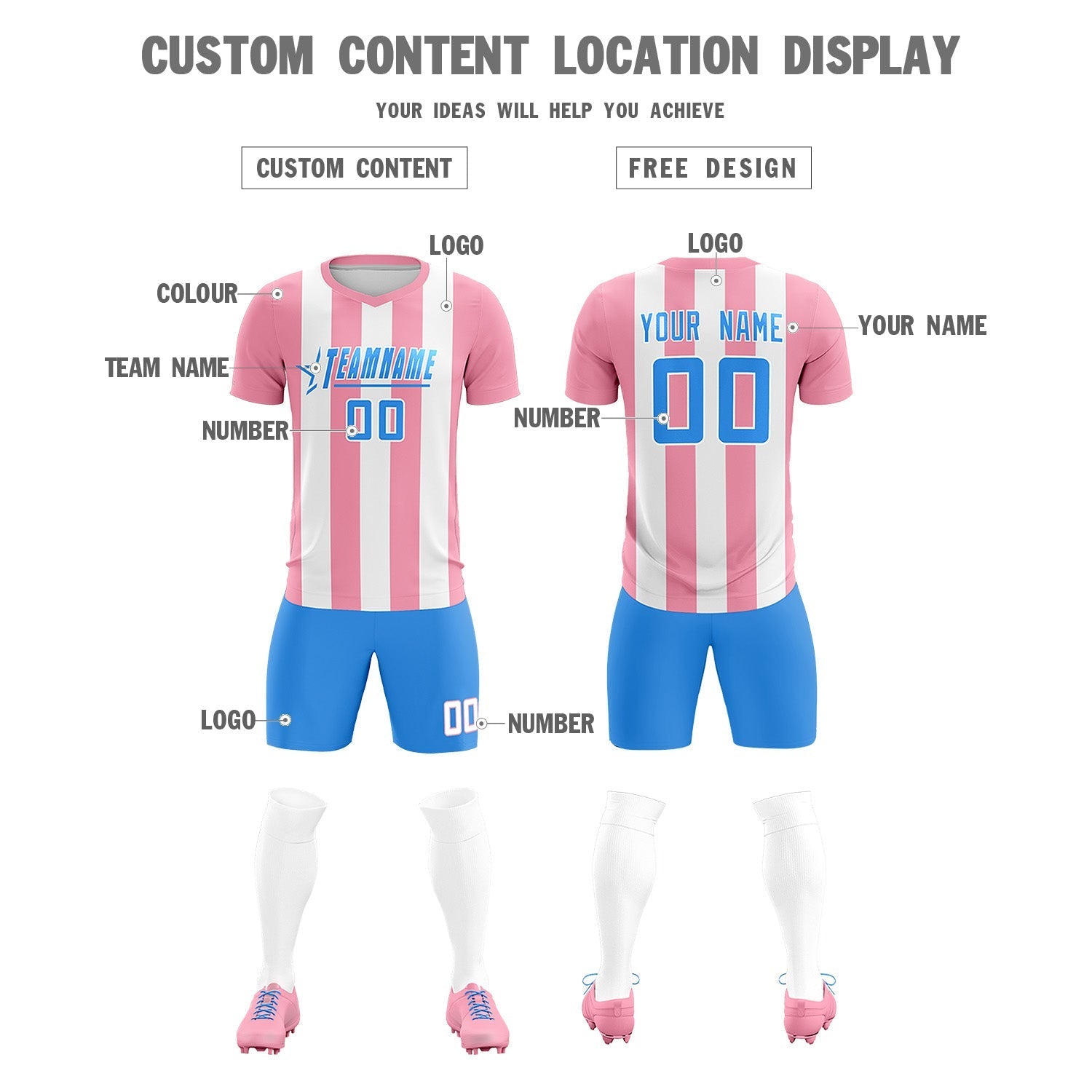 Custom White Light Pink Vertical Stripes Casual Outdoor Soccer Sets Jersey