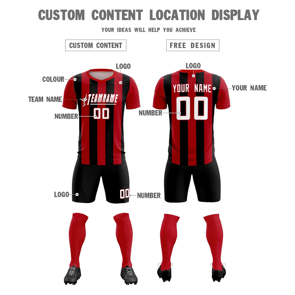 Custom Red Black Vertical Stripes Casual Outdoor Soccer Sets Jersey