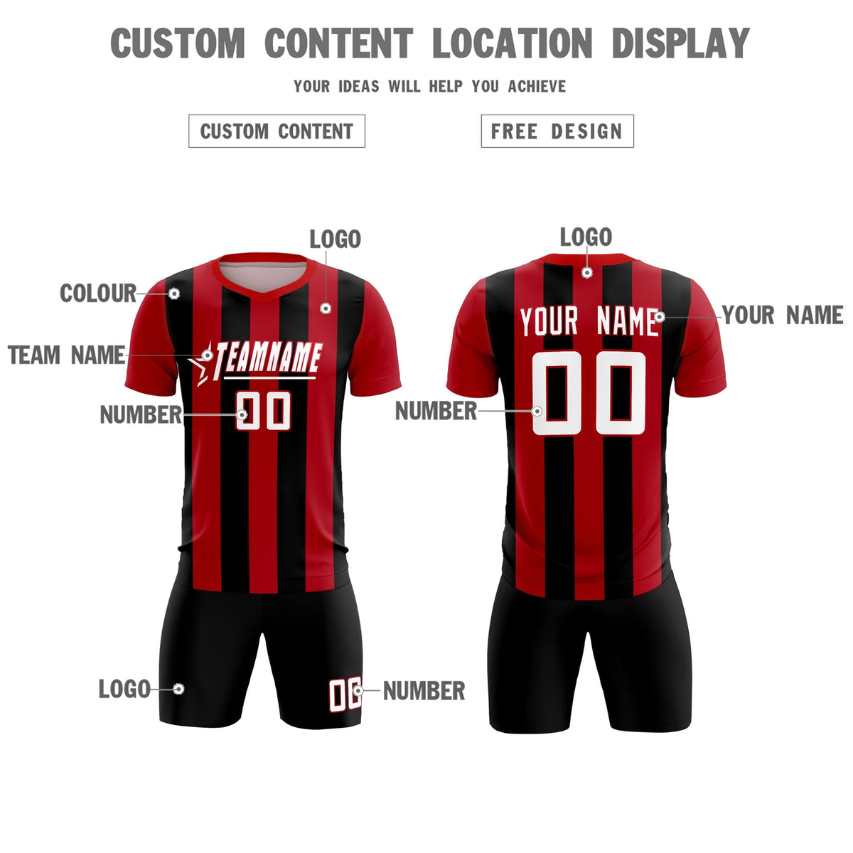 Custom Red Black Vertical Stripes Casual Outdoor Soccer Sets Jersey