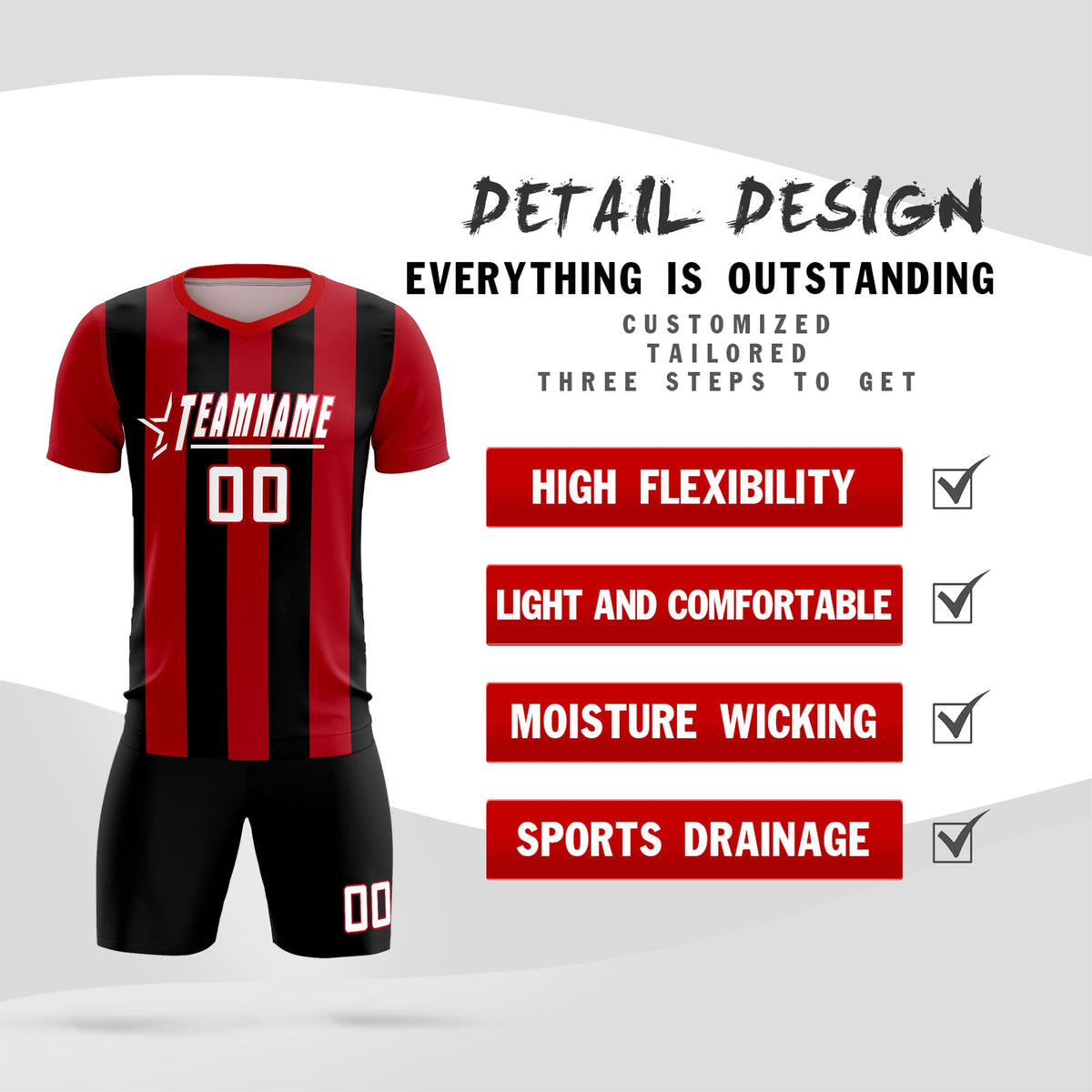 Custom Red Black Vertical Stripes Casual Outdoor Soccer Sets Jersey