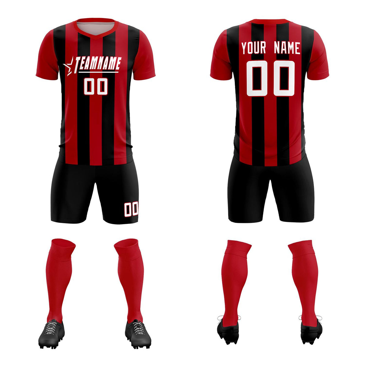 Custom Red Black Vertical Stripes Casual Outdoor Soccer Sets Jersey