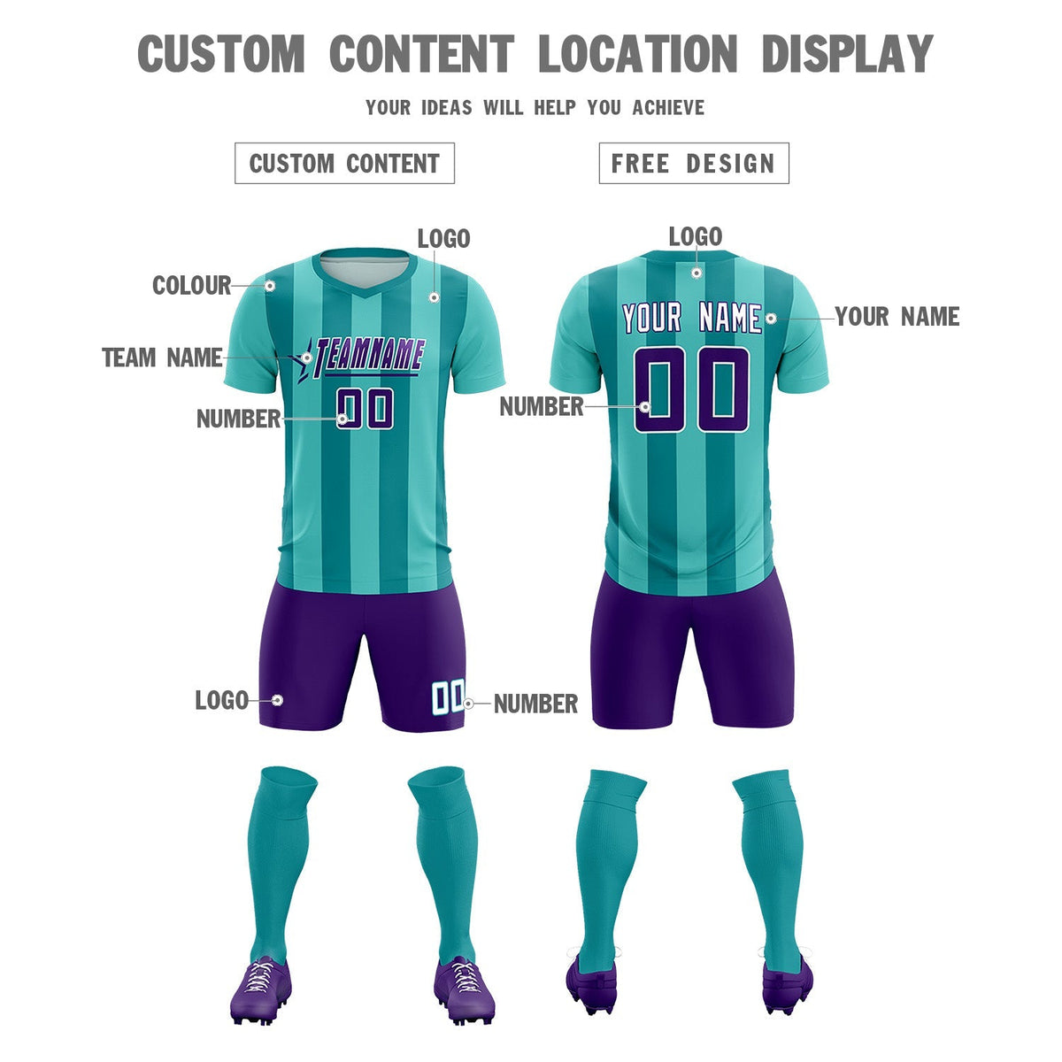 Custom Bright Green Aqua Vertical Stripes Casual Outdoor Soccer Sets Jersey