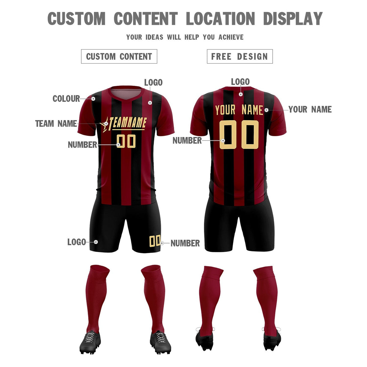 Custom Crimson Black Vertical Stripes Casual Outdoor Soccer Sets Jersey
