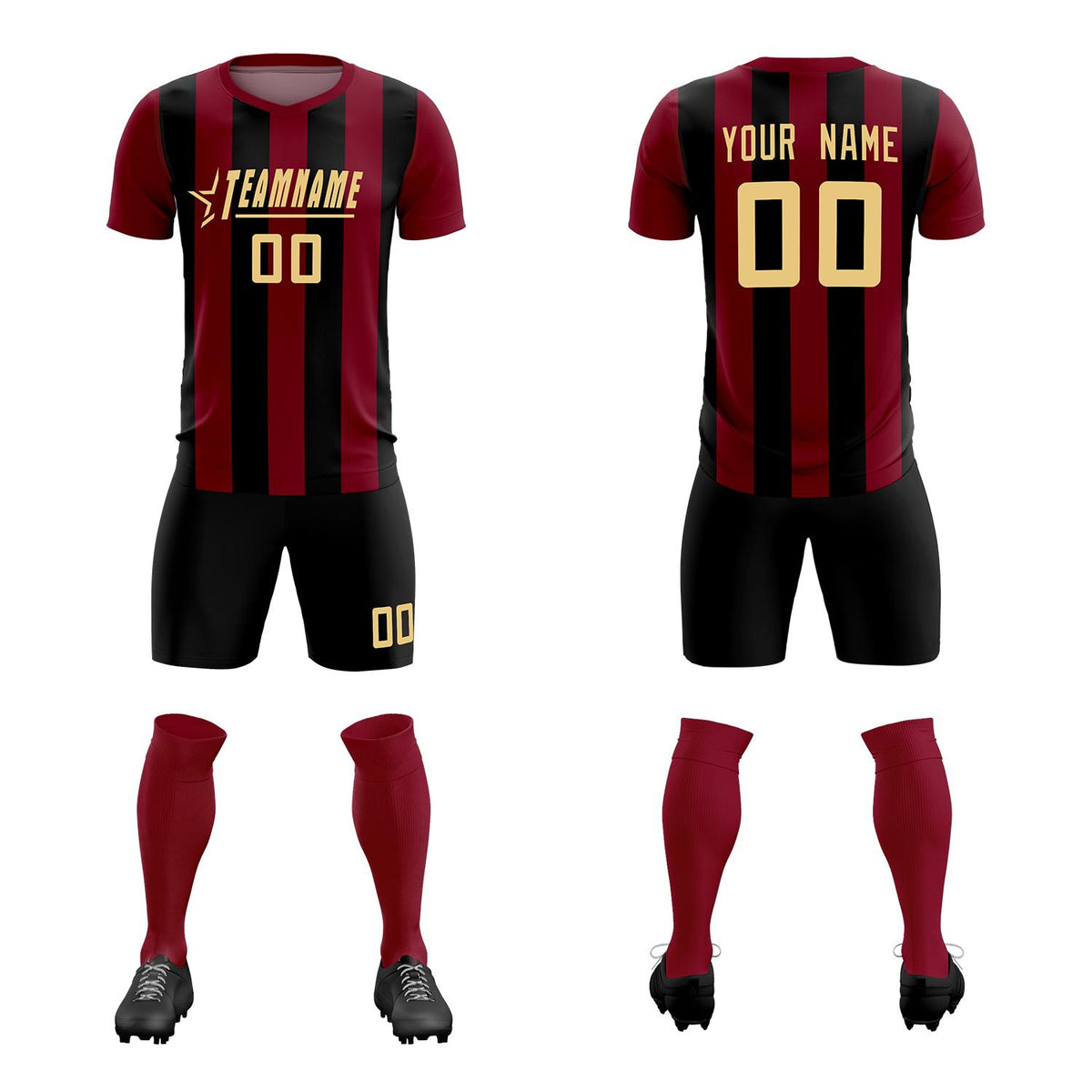 Custom Crimson Black Vertical Stripes Casual Outdoor Soccer Sets Jersey