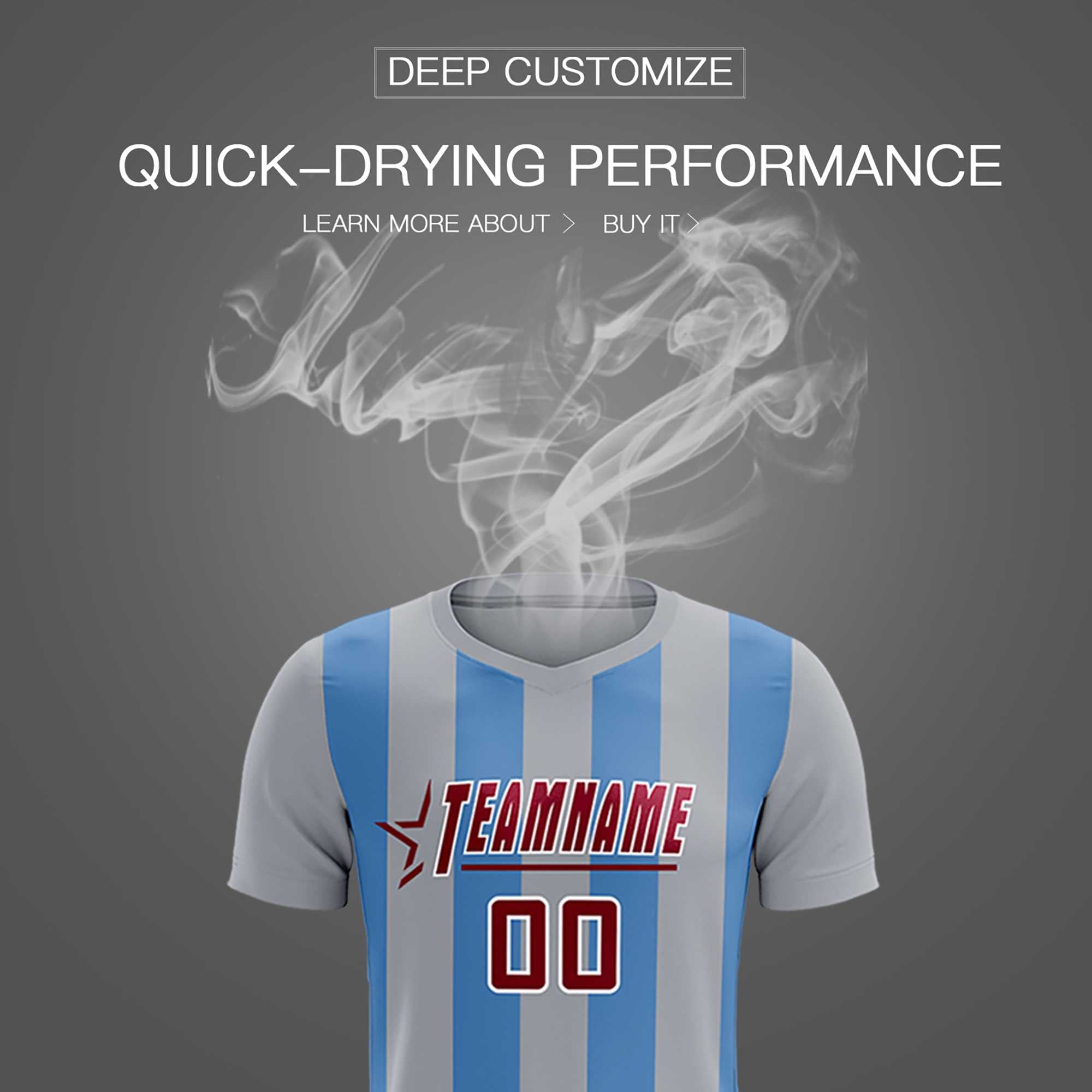 Custom Gray Light Blue Vertical Stripes Casual Outdoor Soccer Sets Jersey