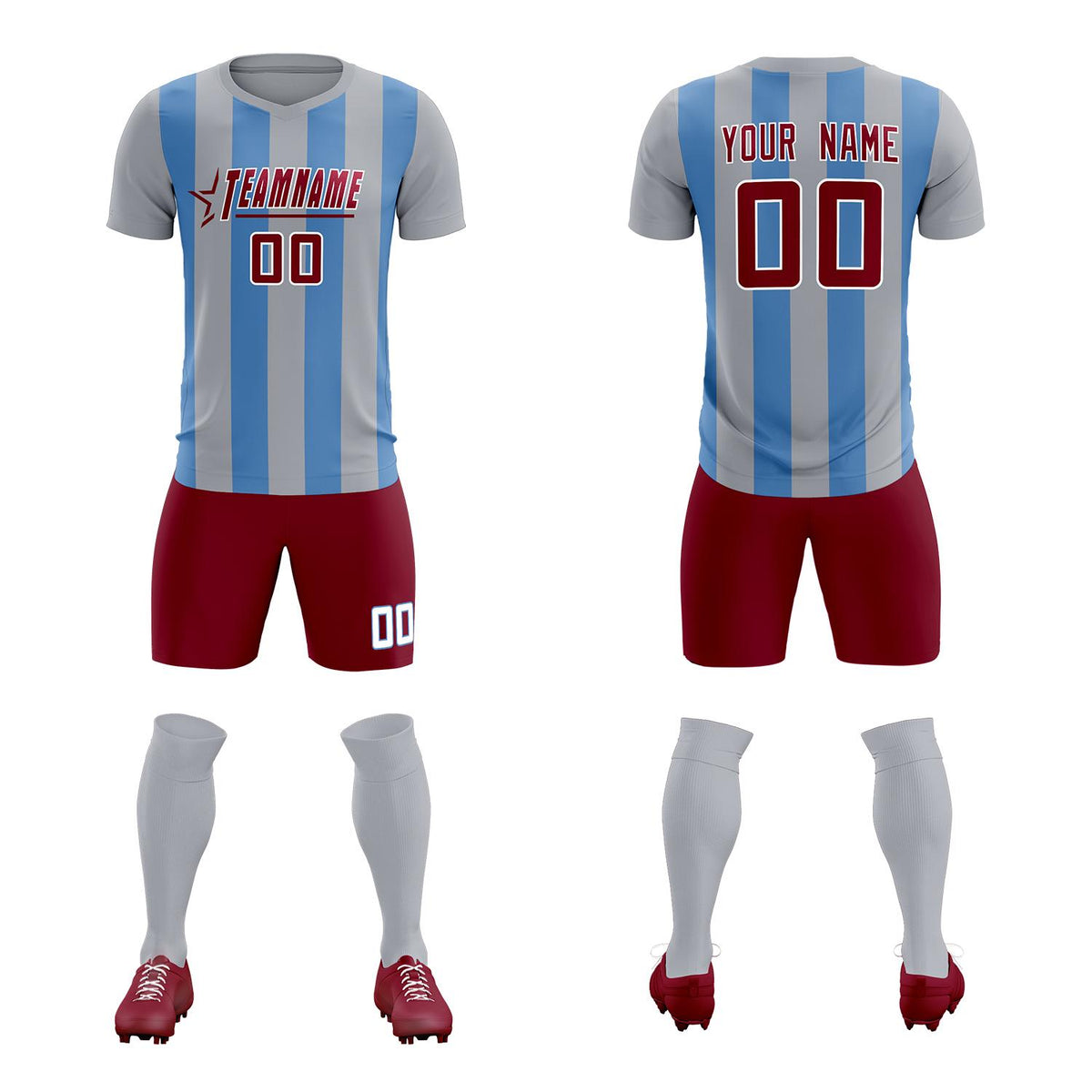 Custom Gray Light Blue Vertical Stripes Casual Outdoor Soccer Sets Jersey