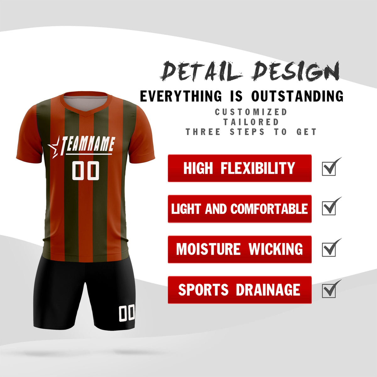 Custom Texas Orange Olive Vertical Stripes Casual Outdoor Soccer Sets Jersey