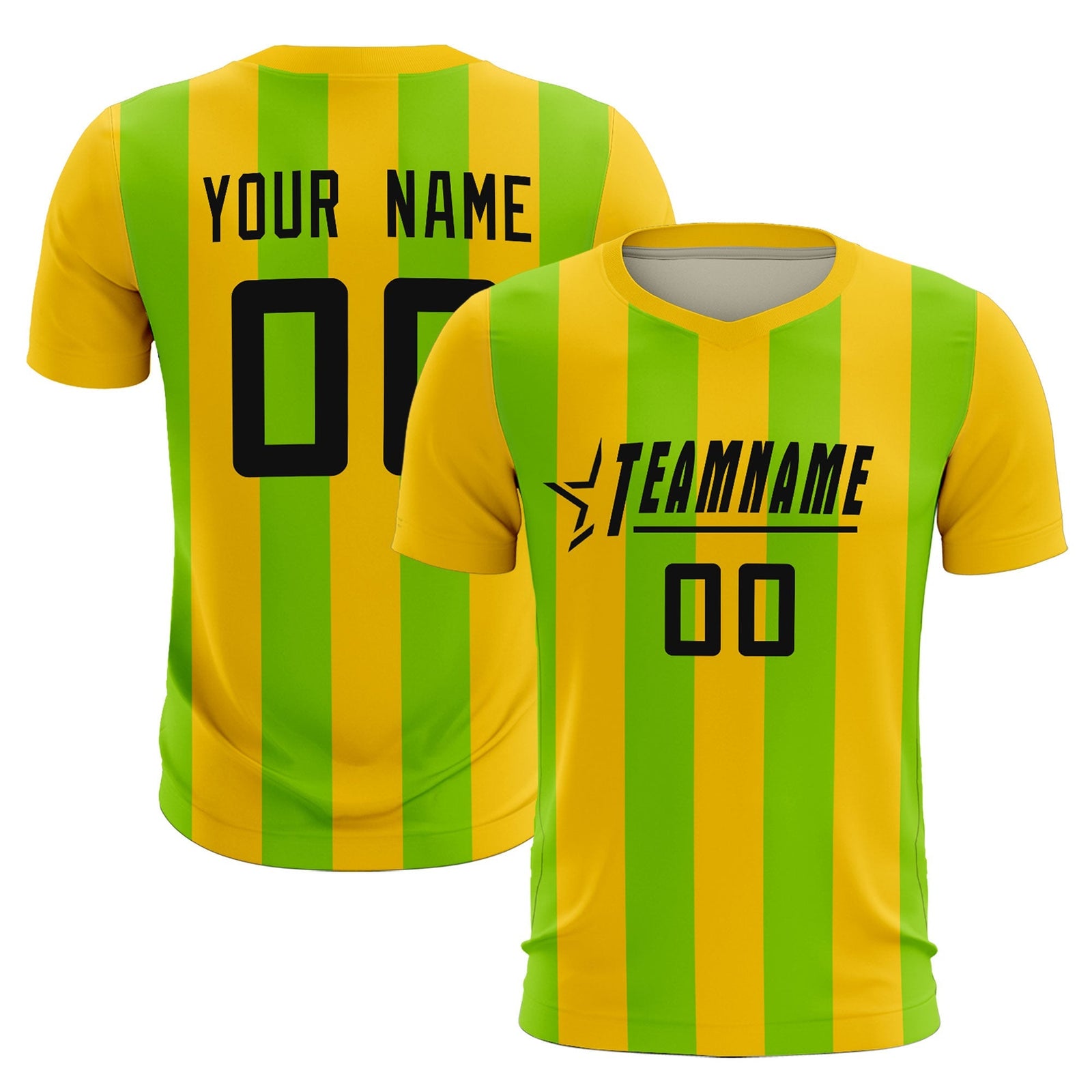 Custom Gold Neon Green Vertical Stripes Casual Outdoor Soccer Sets Jersey