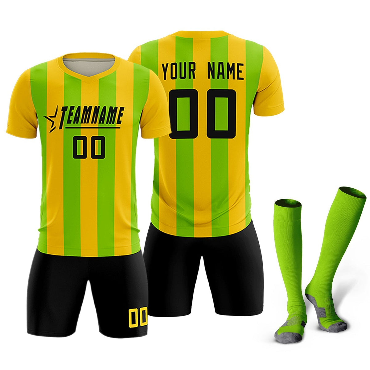 Custom Gold Neon Green Vertical Stripes Casual Outdoor Soccer Sets Jersey