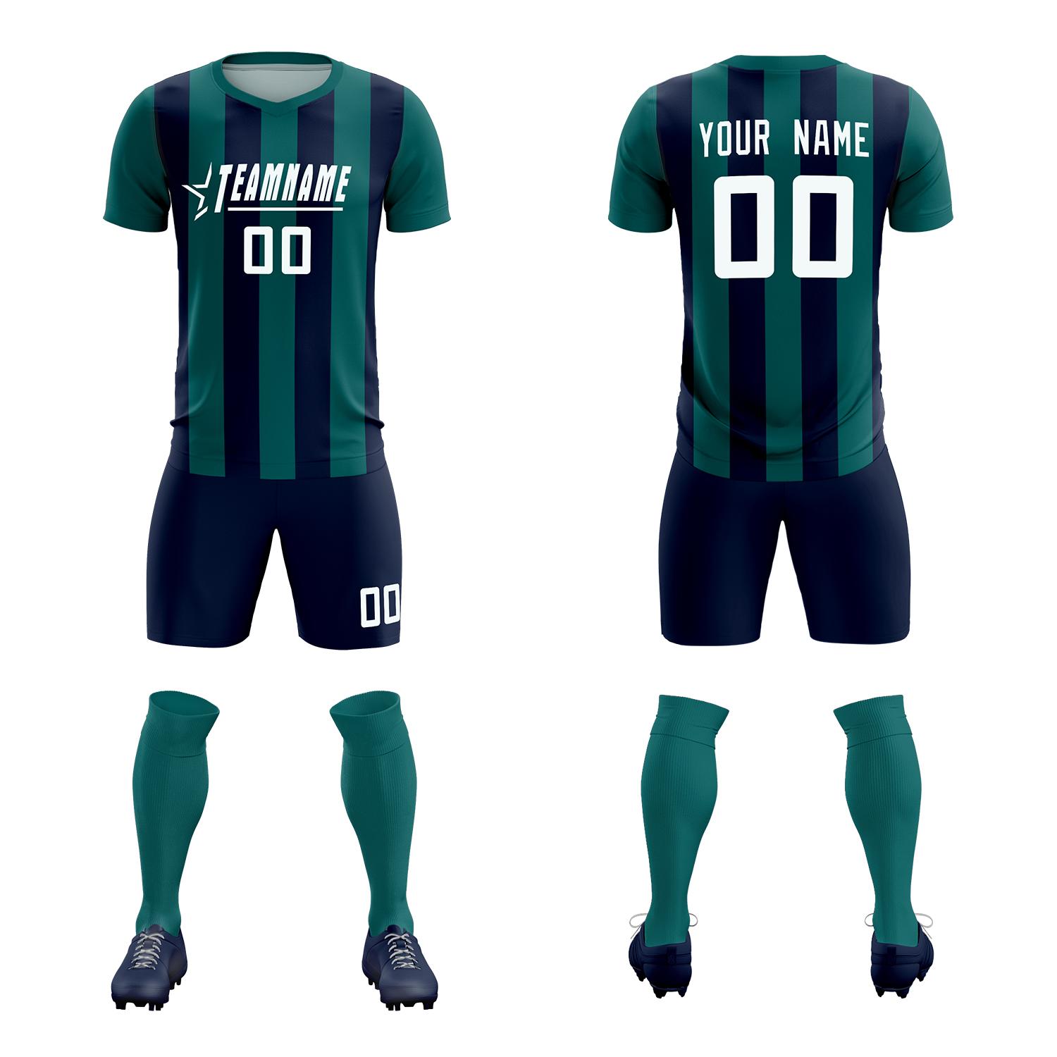 Custom Aqua Navy Vertical Stripes Casual Outdoor Soccer Sets Jersey