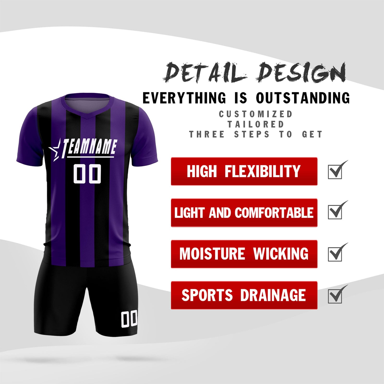 Custom Purple Black Vertical Stripes Casual Outdoor Soccer Sets Jersey
