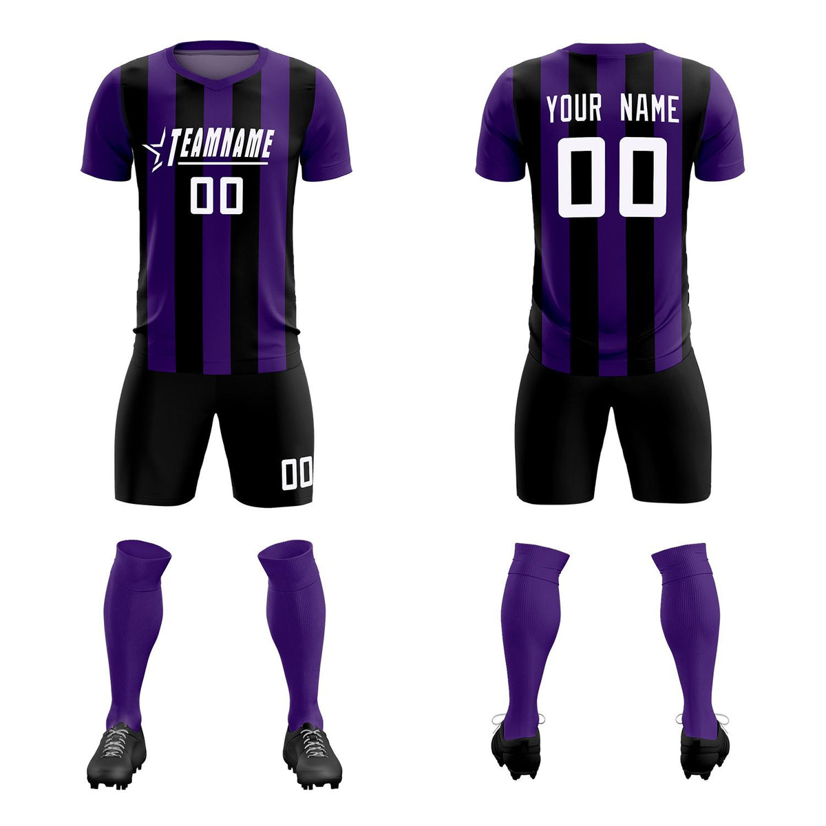 Custom Purple Black Vertical Stripes Casual Outdoor Soccer Sets Jersey