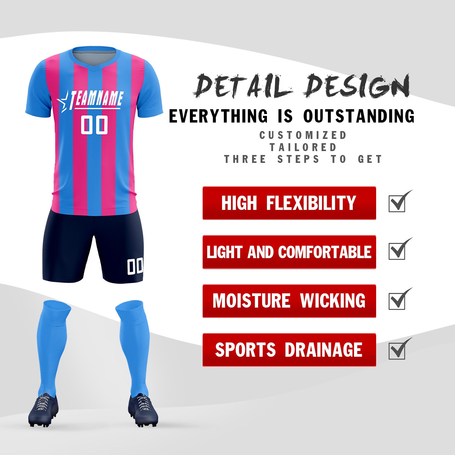 Custom Powder Blue Pink Vertical Stripes Casual Outdoor Soccer Sets Jersey