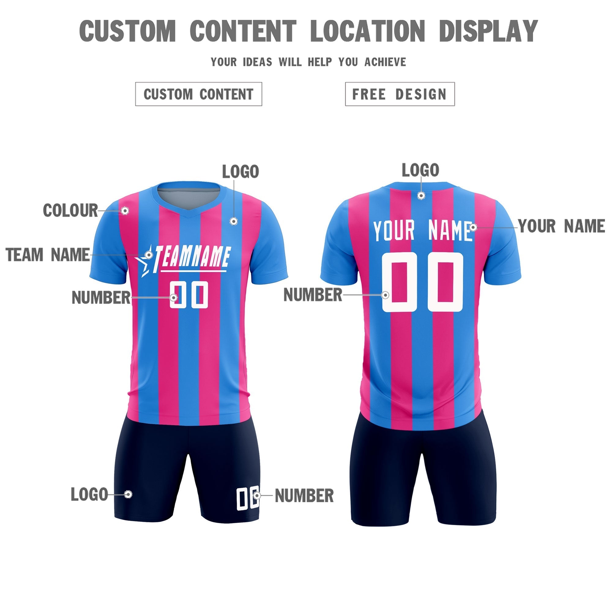 Custom Powder Blue Pink Vertical Stripes Casual Outdoor Soccer Sets Jersey