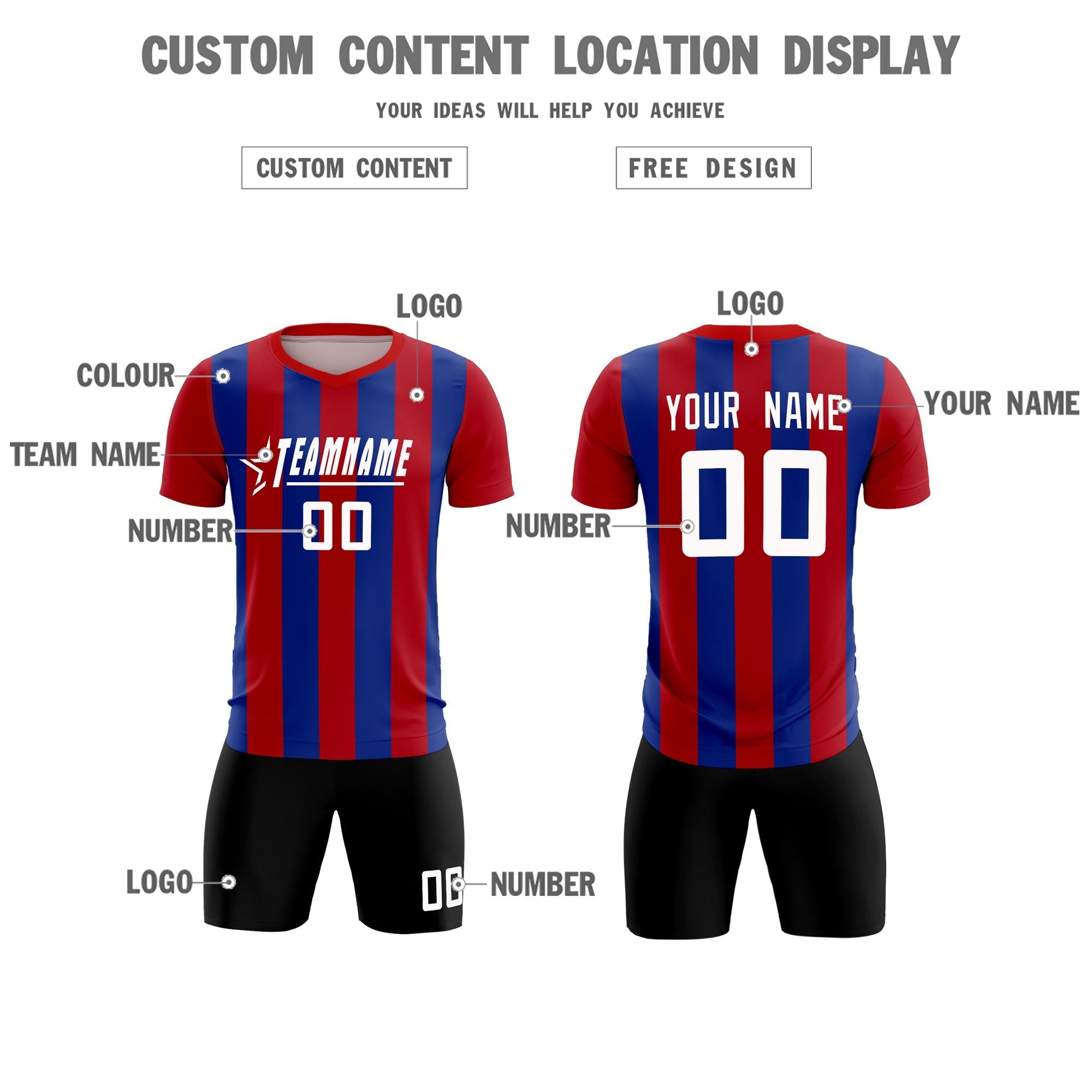 Custom Red Royal Vertical Stripes Casual Outdoor Soccer Sets Jersey