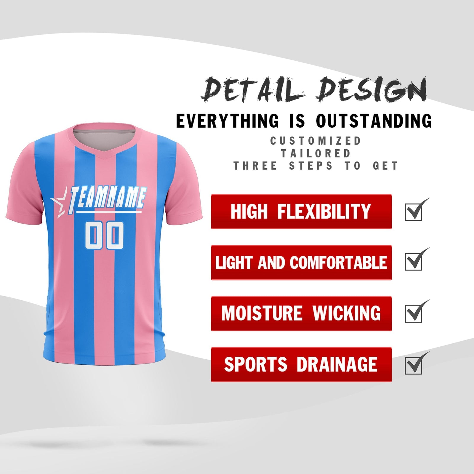 Custom Light Pink Powder Blue Vertical Stripes Casual Outdoor Soccer Sets Jersey