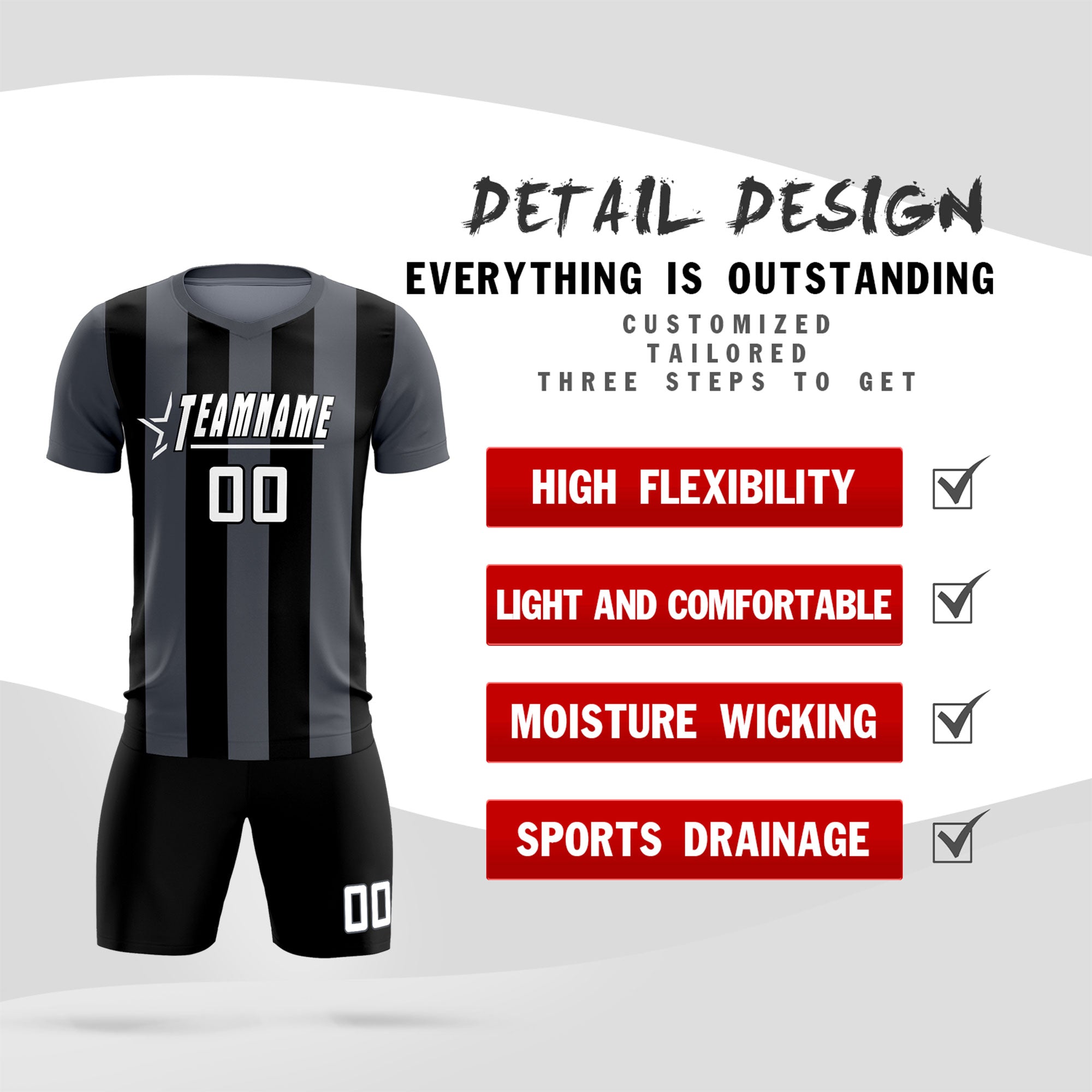Custom Dark Gray Black Vertical Stripes Casual Outdoor Soccer Sets Jersey