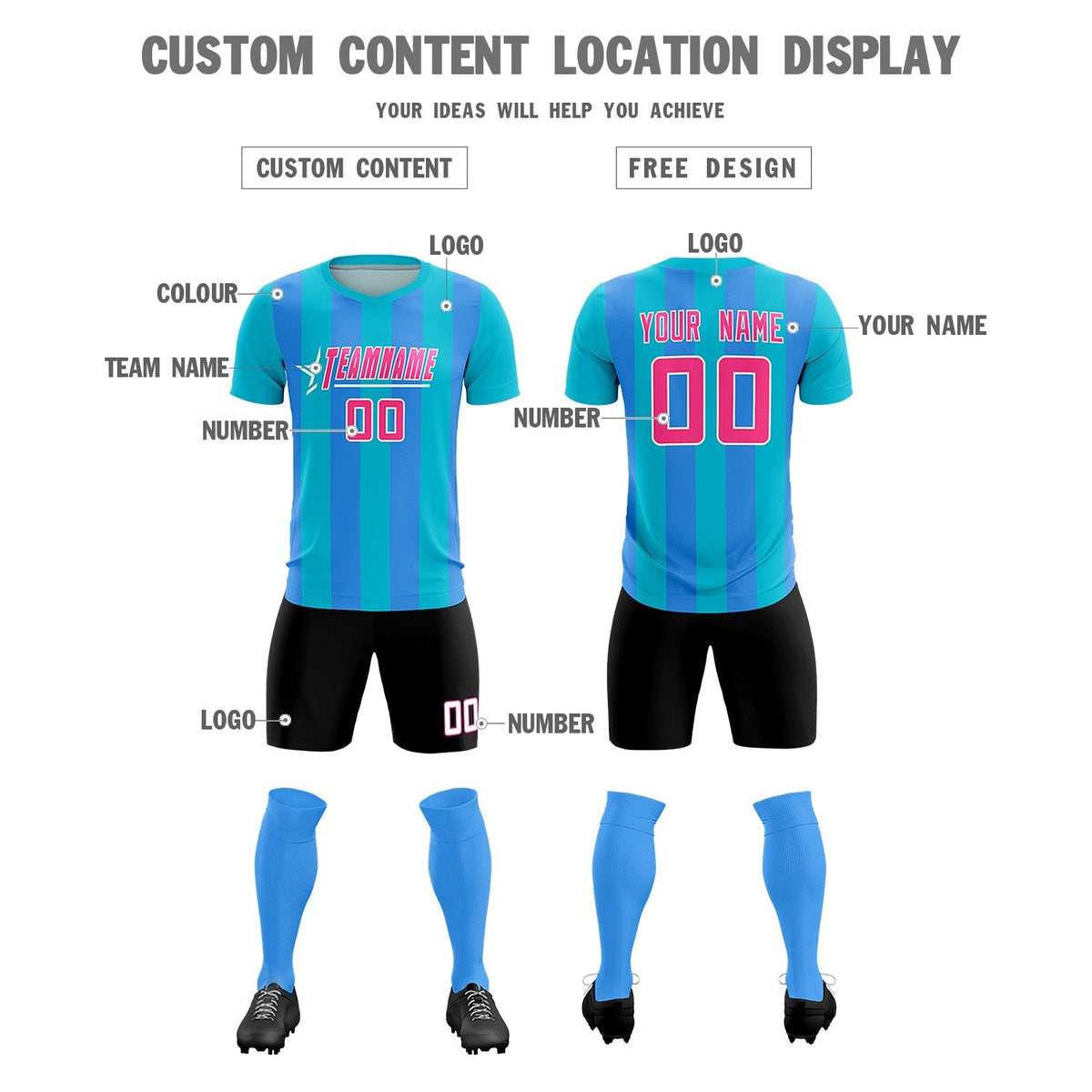 Custom Sky Blue Powder Blue Vertical Stripes Casual Outdoor Soccer Sets Jersey