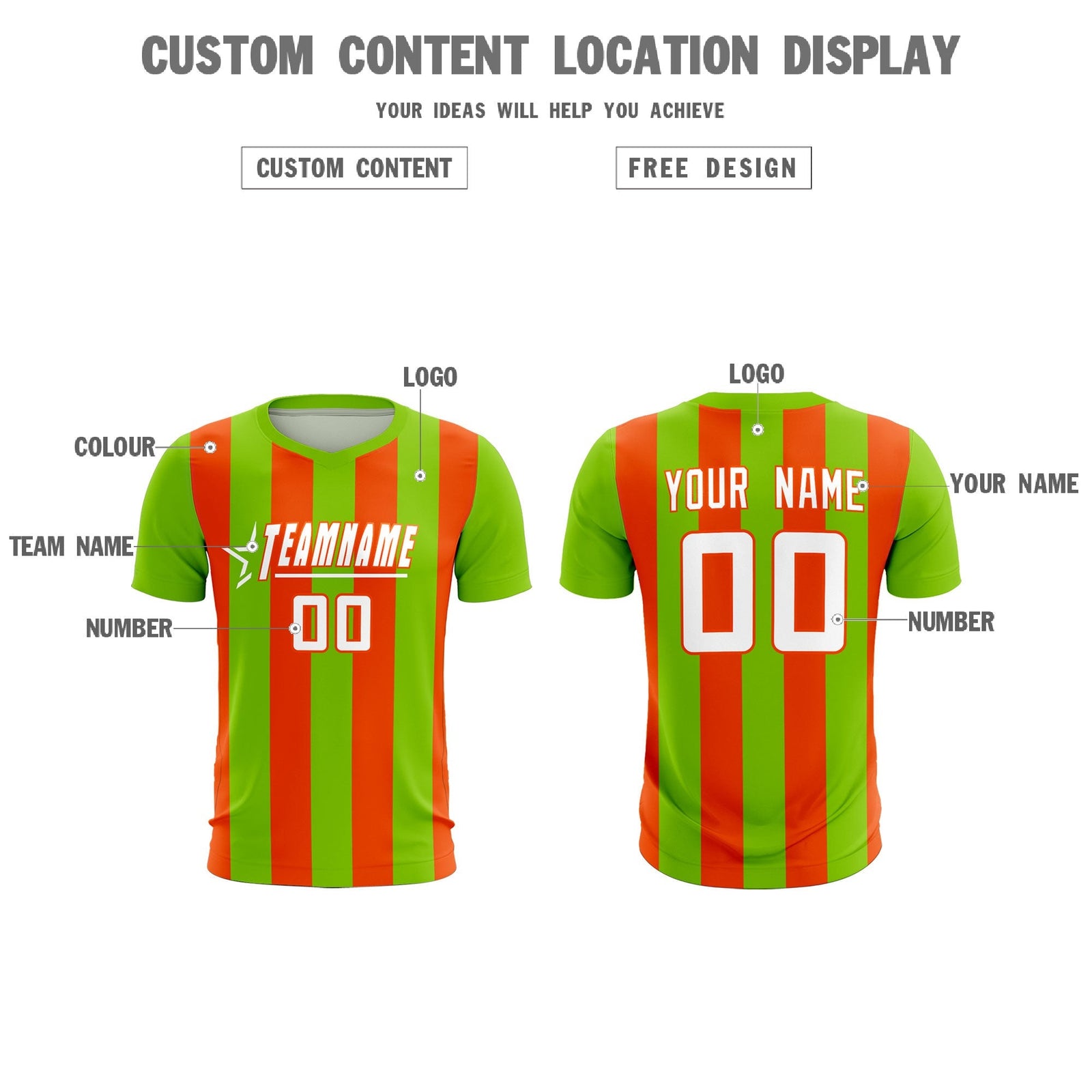Custom Neon Green Orange Vertical Stripes Casual Outdoor Soccer Sets Jersey