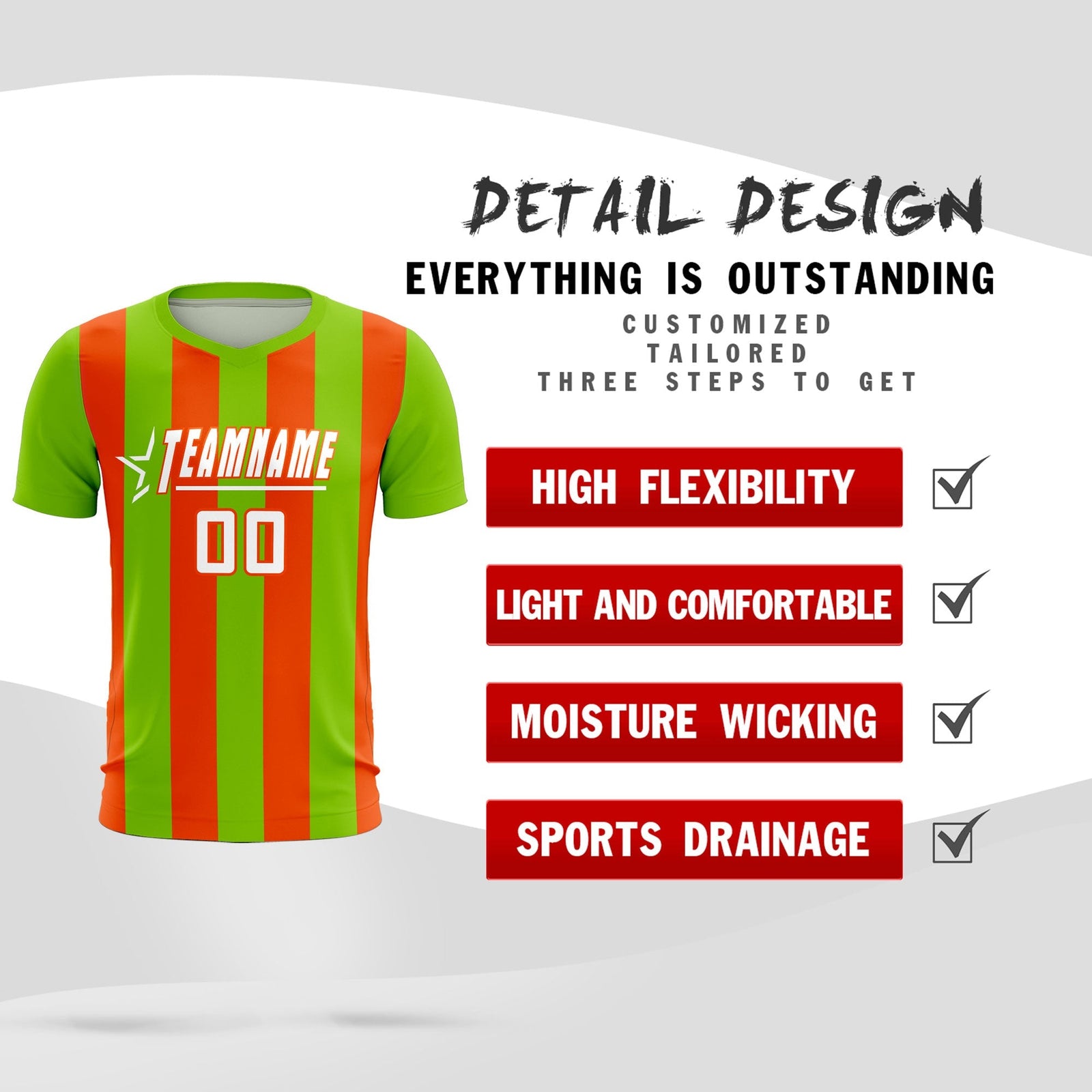 Custom Neon Green Orange Vertical Stripes Casual Outdoor Soccer Sets Jersey