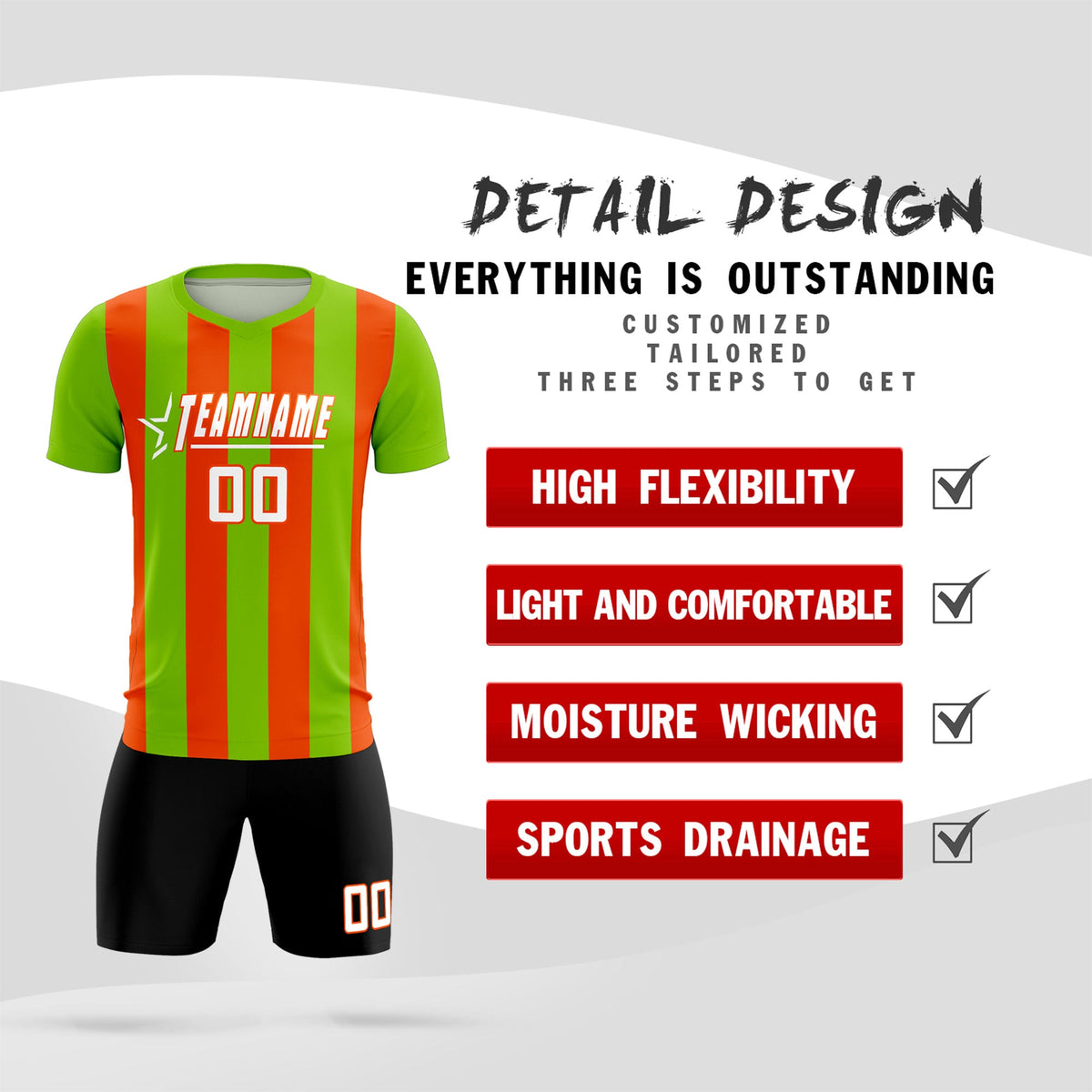 Custom Neon Green Orange Vertical Stripes Casual Outdoor Soccer Sets Jersey