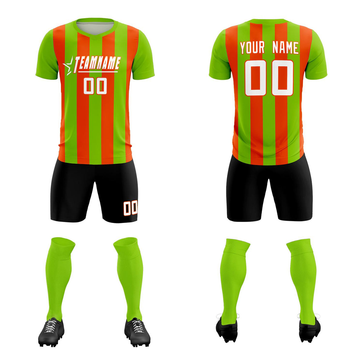 Custom Neon Green Orange Vertical Stripes Casual Outdoor Soccer Sets Jersey