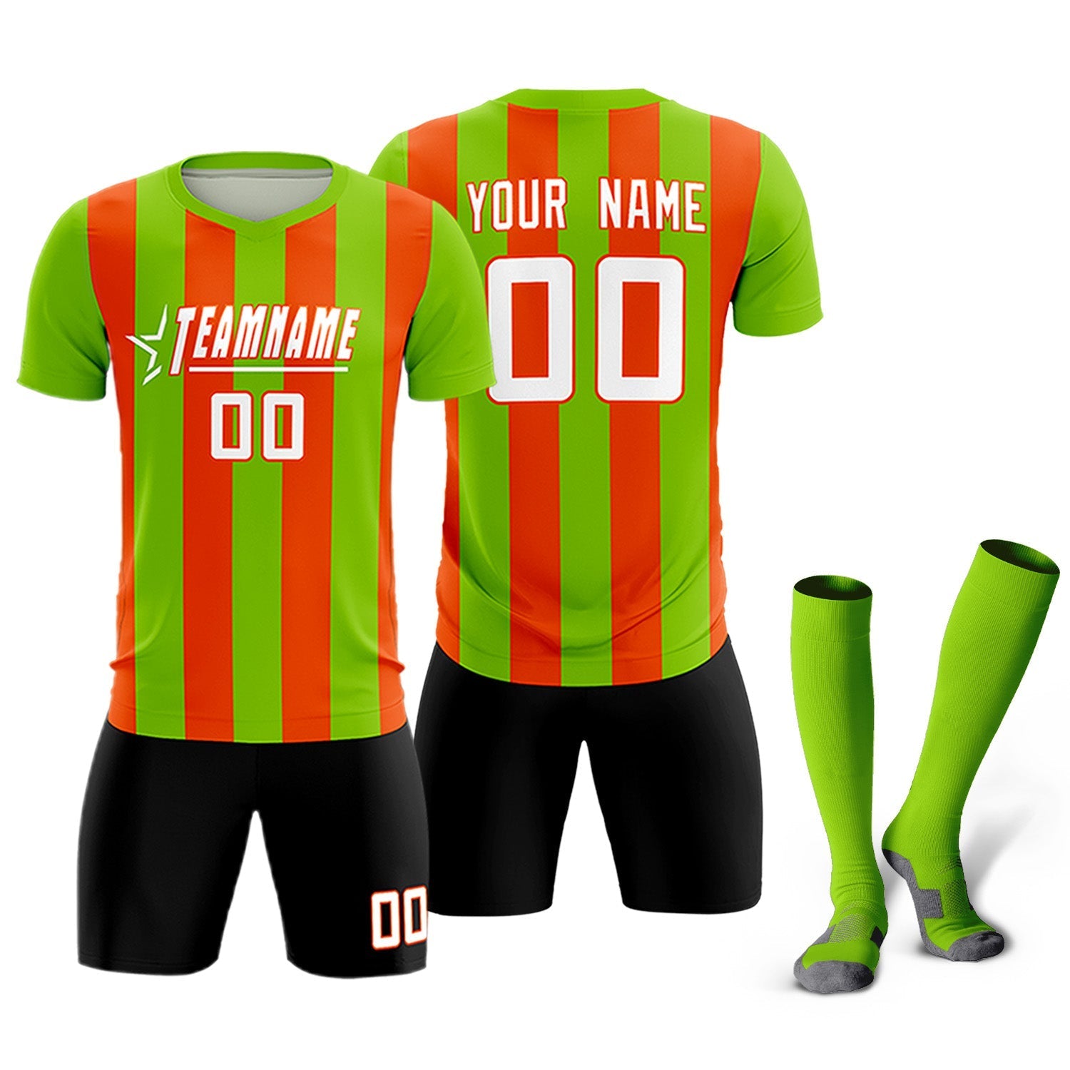 Custom Neon Green Orange Vertical Stripes Casual Outdoor Soccer Sets Jersey