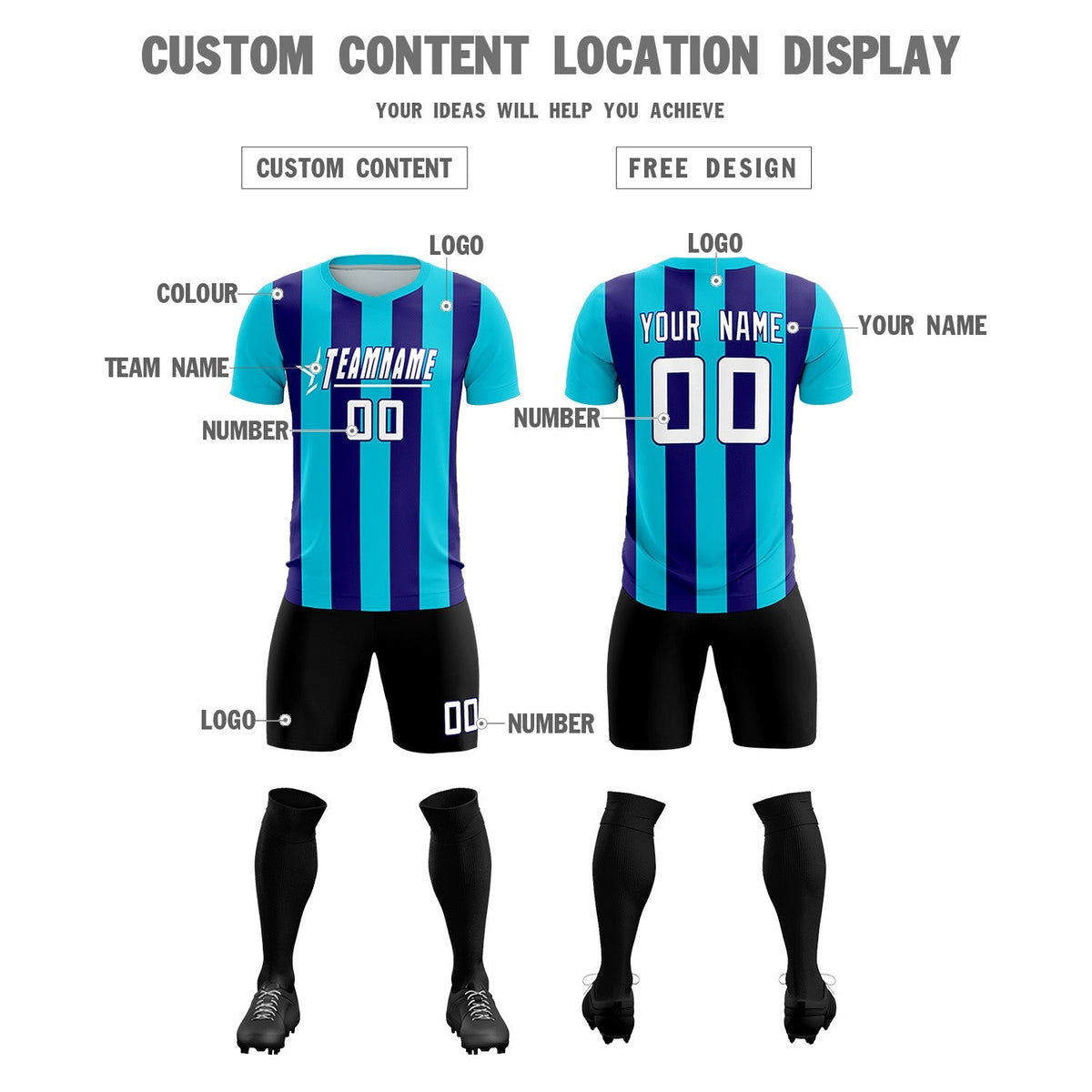 Custom Sky Blue Royal Vertical Stripes Casual Outdoor Soccer Sets Jersey