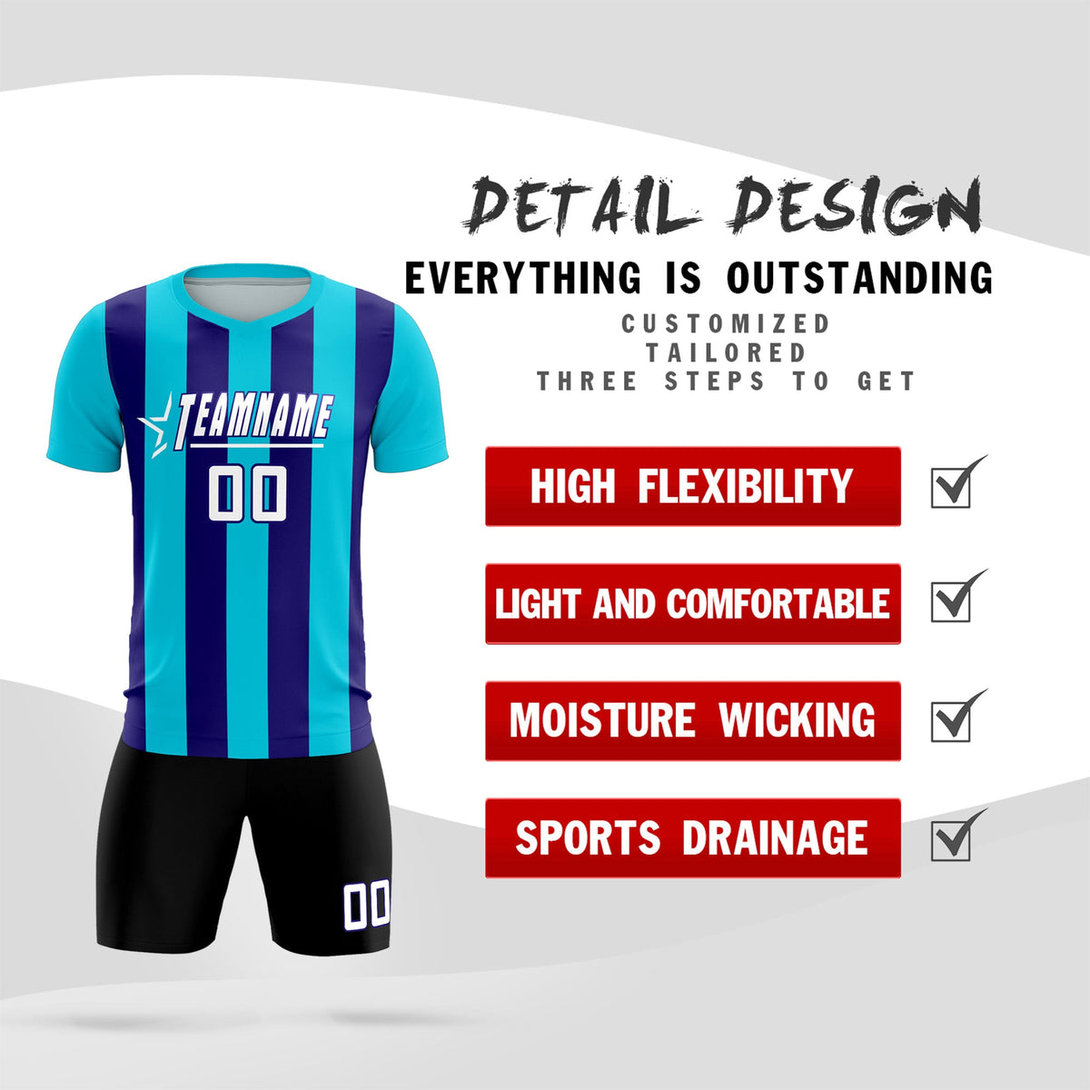 Custom Sky Blue Royal Vertical Stripes Casual Outdoor Soccer Sets Jersey