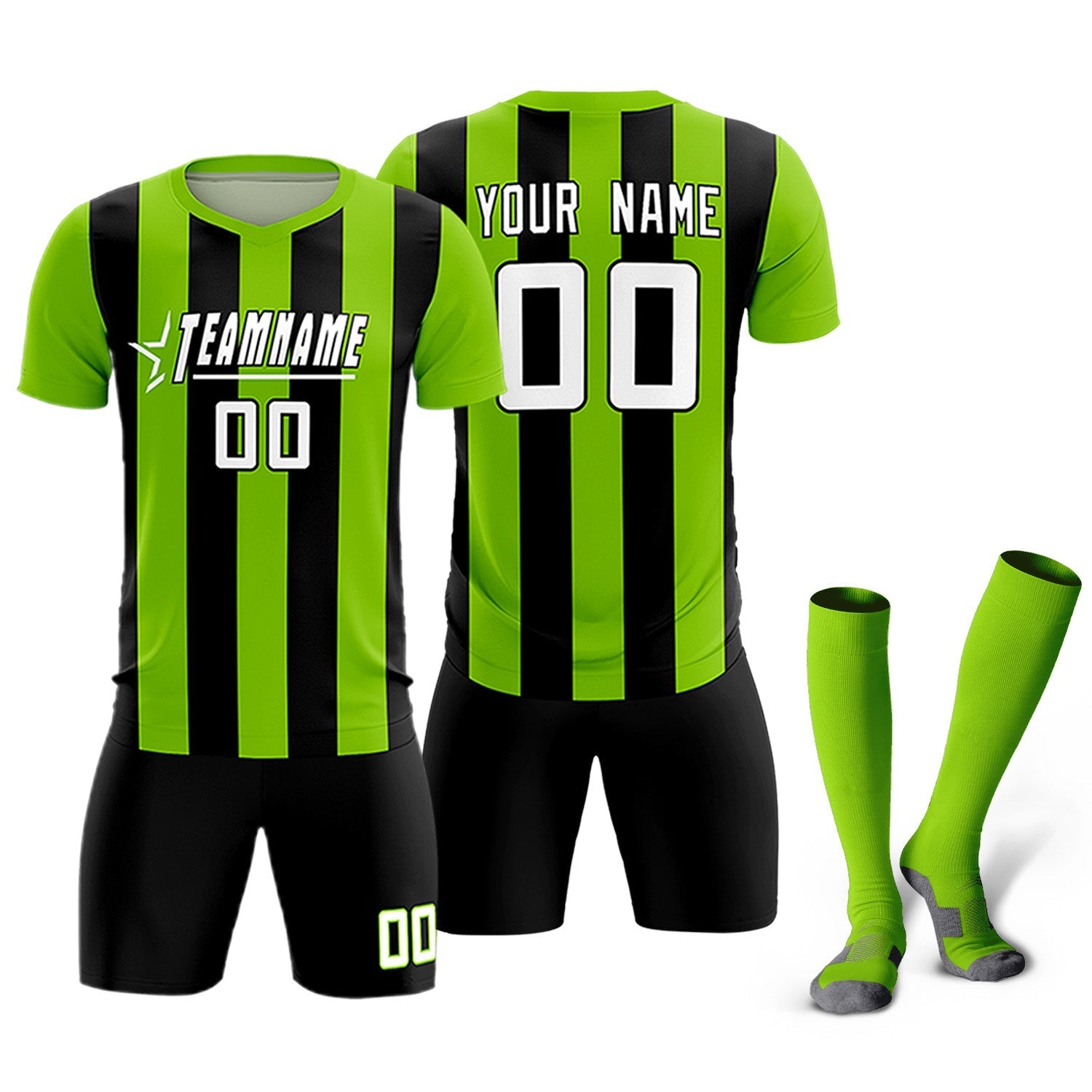 Custom Neon Green Black Vertical Stripes Casual Outdoor Soccer Sets Jersey