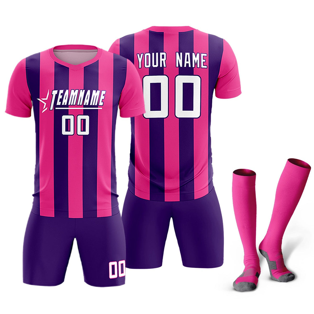 Custom Pink Purple Vertical Stripes Casual Outdoor Soccer Sets Jersey
