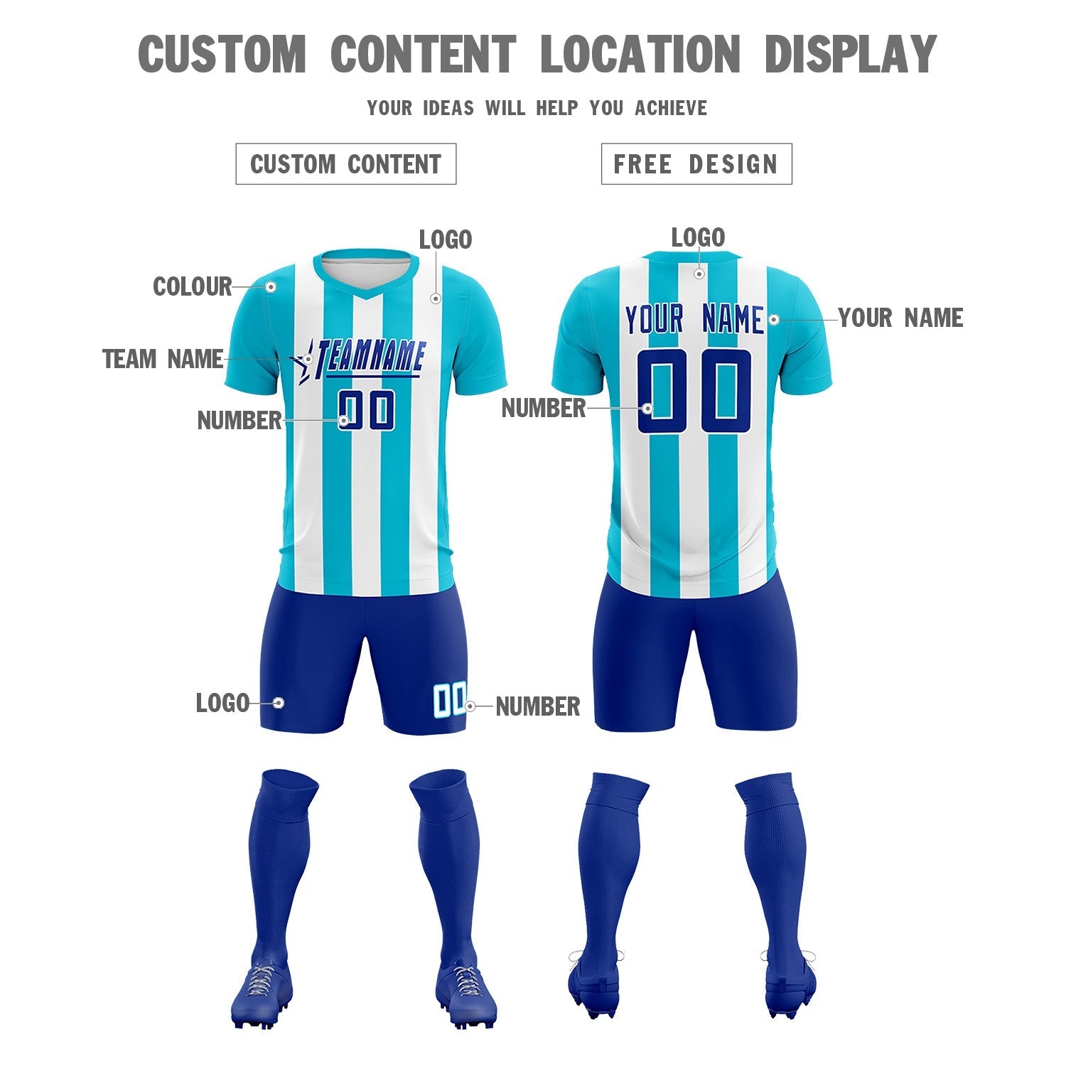Custom White Sky Blue Vertical Stripes Casual Outdoor Soccer Sets Jersey