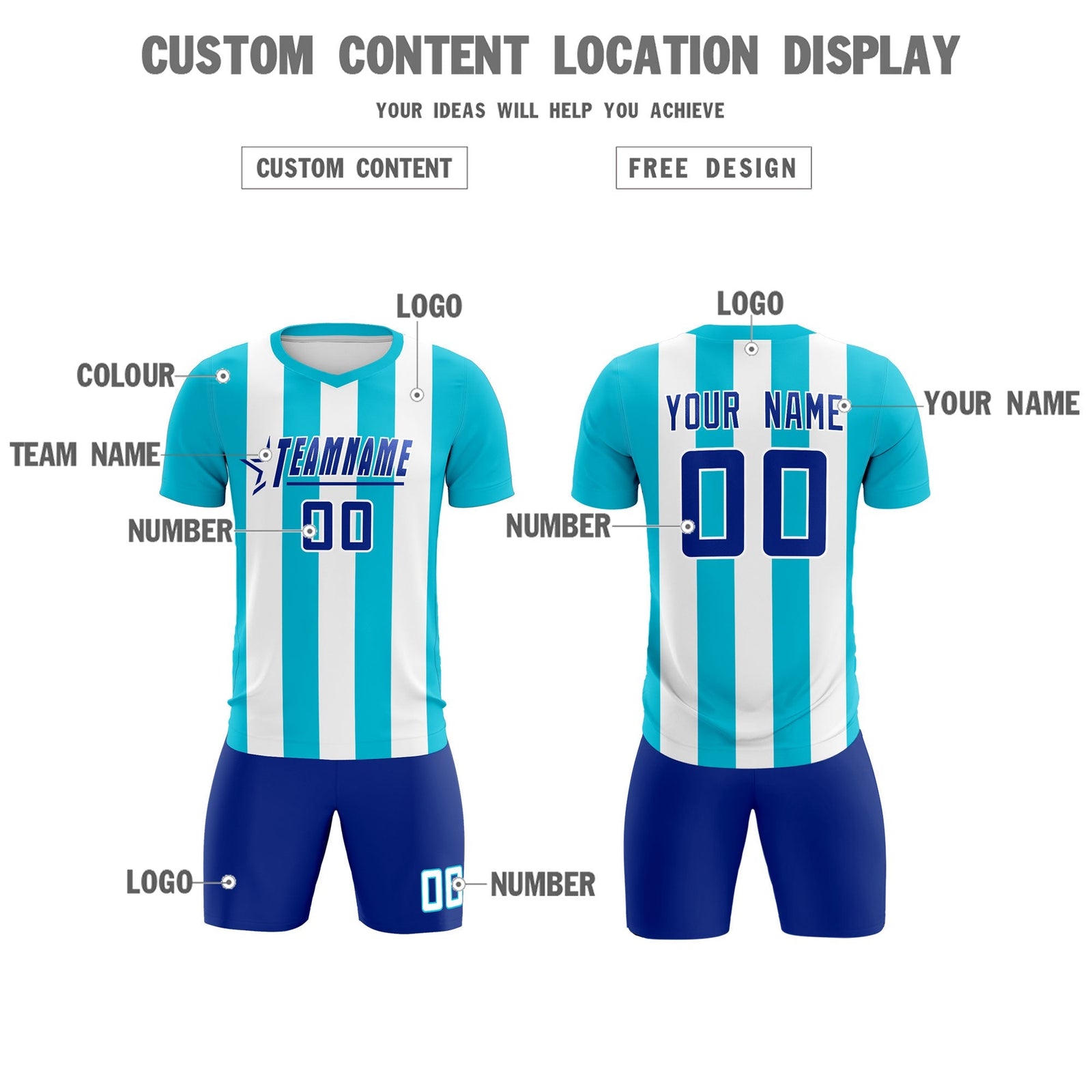 Custom White Sky Blue Vertical Stripes Casual Outdoor Soccer Sets Jersey