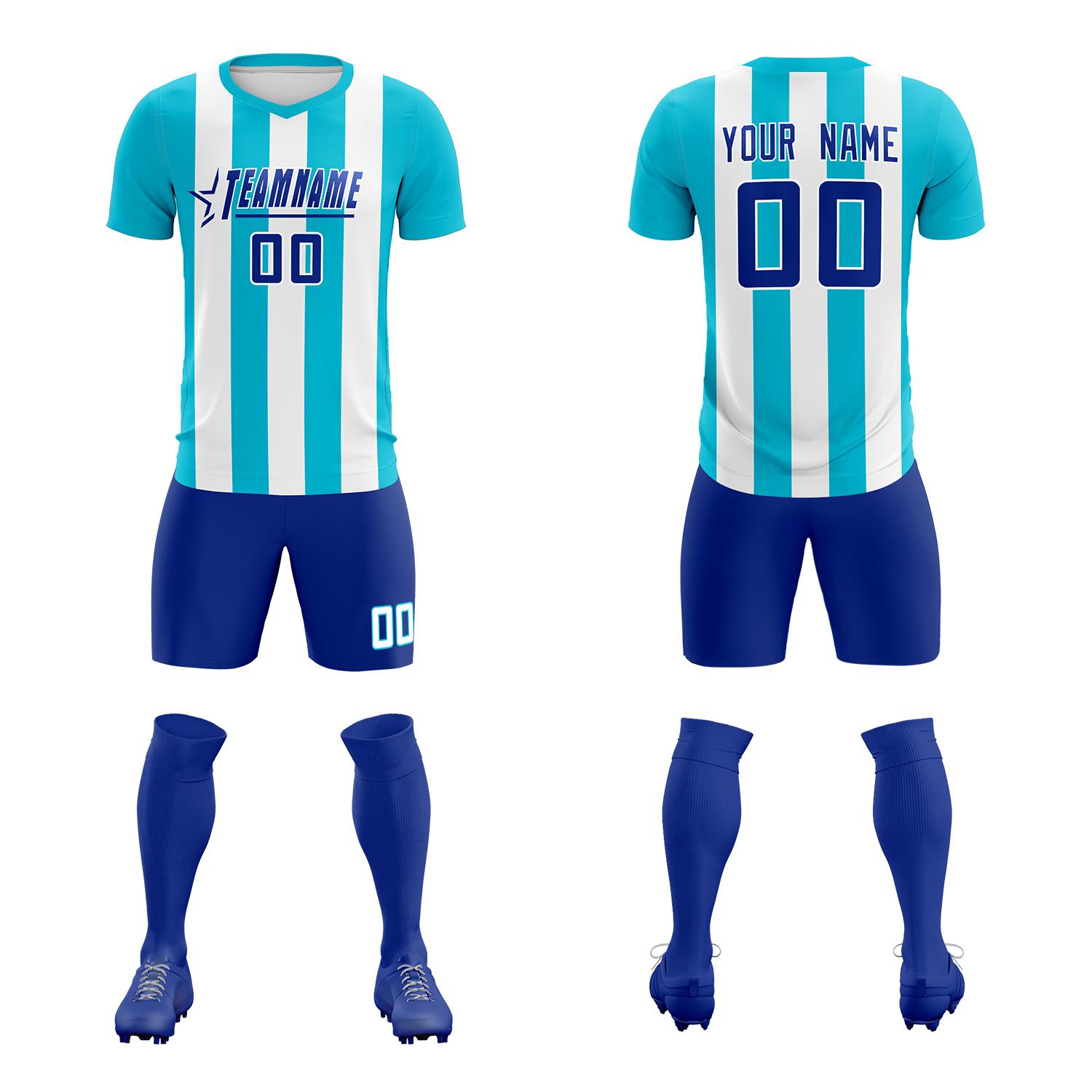 Custom White Sky Blue Vertical Stripes Casual Outdoor Soccer Sets Jersey