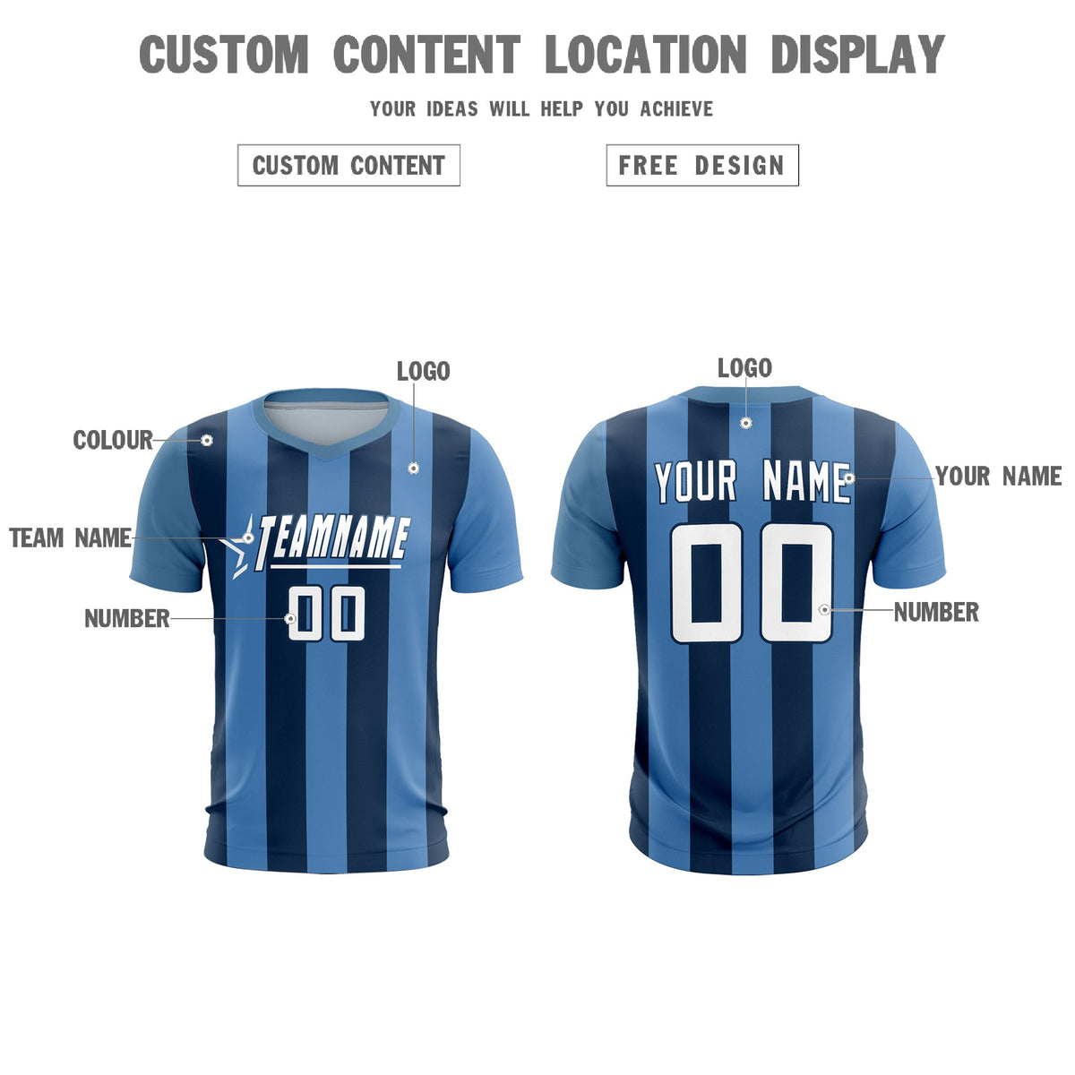 Custom Light Blue Midnight Blue Vertical Stripes Casual Outdoor Soccer Sets Jersey
