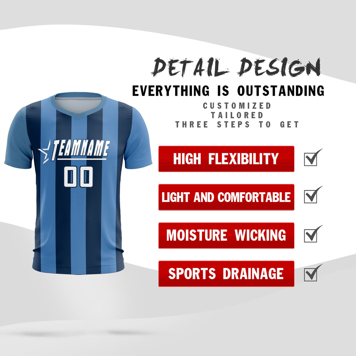 Custom Light Blue Midnight Blue Vertical Stripes Casual Outdoor Soccer Sets Jersey